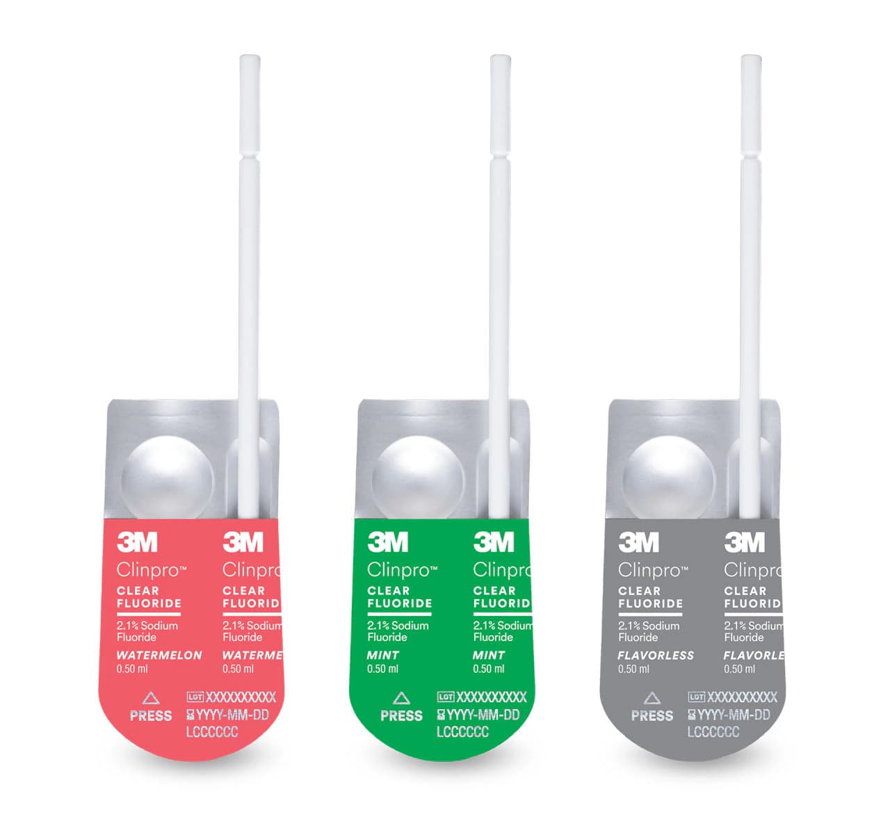 3M Clinpro Clear Fluoride Treatment, Mixed Flavor (300 Watermelon, 300 Unflavored, 200 Mint), 0.5 mL Unit Dose, 800/Kit, 7230B thumbnail 2