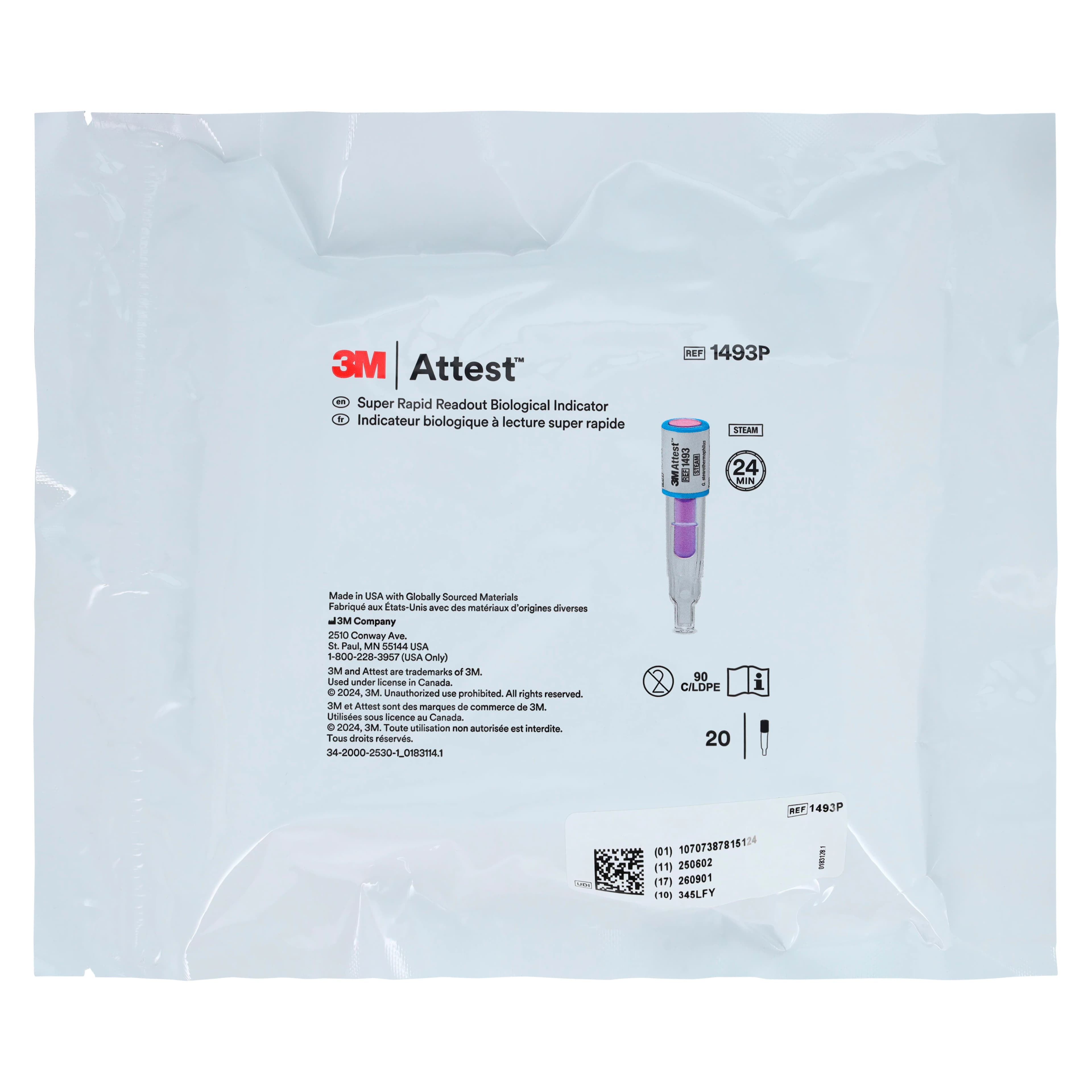 3M Attest Super Rapid Readout Biological Indicator 1493/1493P, Light Blue Cap, 24-Minute Readout, 20/Bag - 3M™Attest™ Super Rapid Readout Biological Indicator Light Blue Cap 24 min Bag of 20 - Image 1