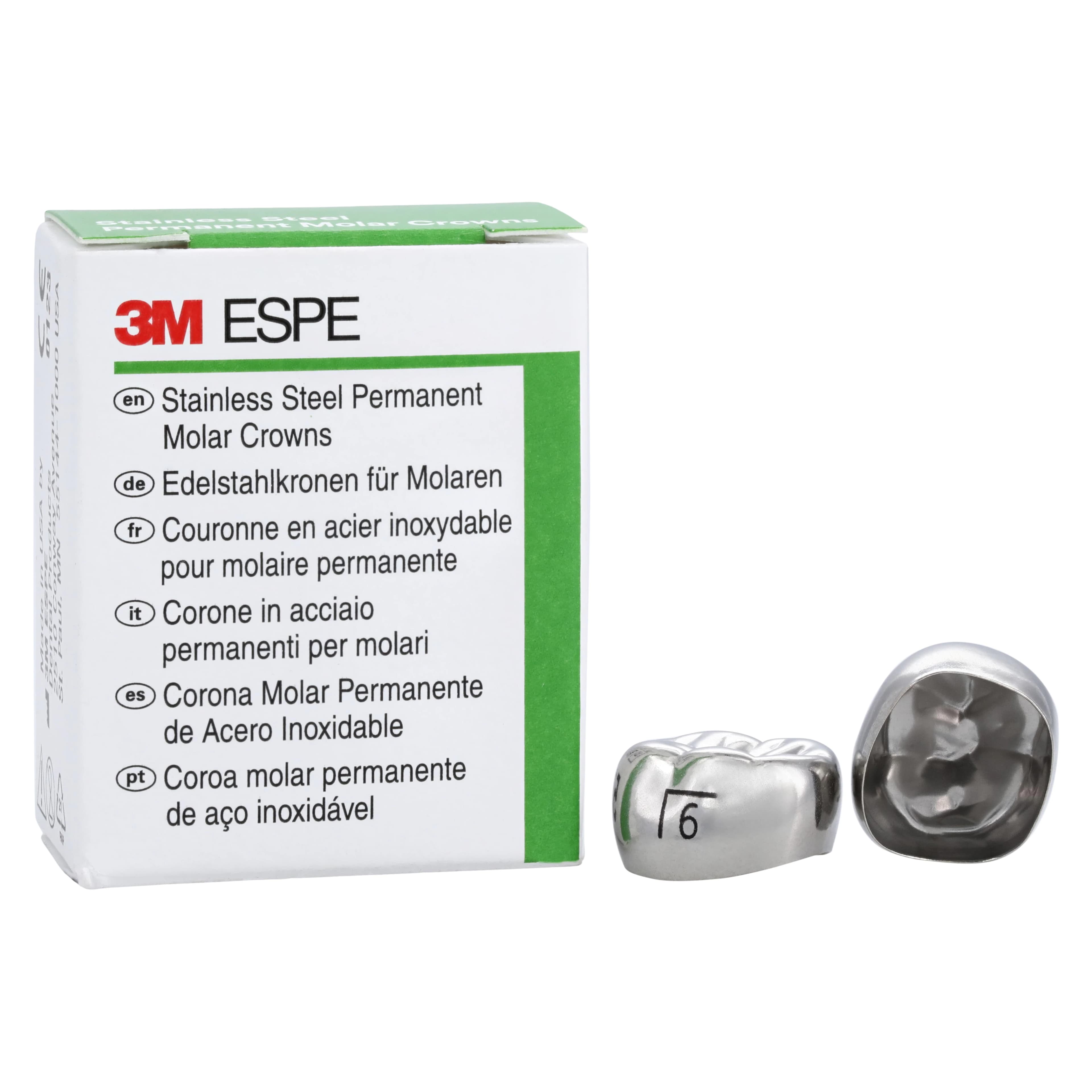3M™ ESPE™ Stainless Steel Permanent Molar Crown, Size 6LL6, Lower Left First Permanent Molar, 5/Box - 3M™ ESPE™ SS Crowns Size 6LL6 1st Permanent Molar Box of 5 - Image 1