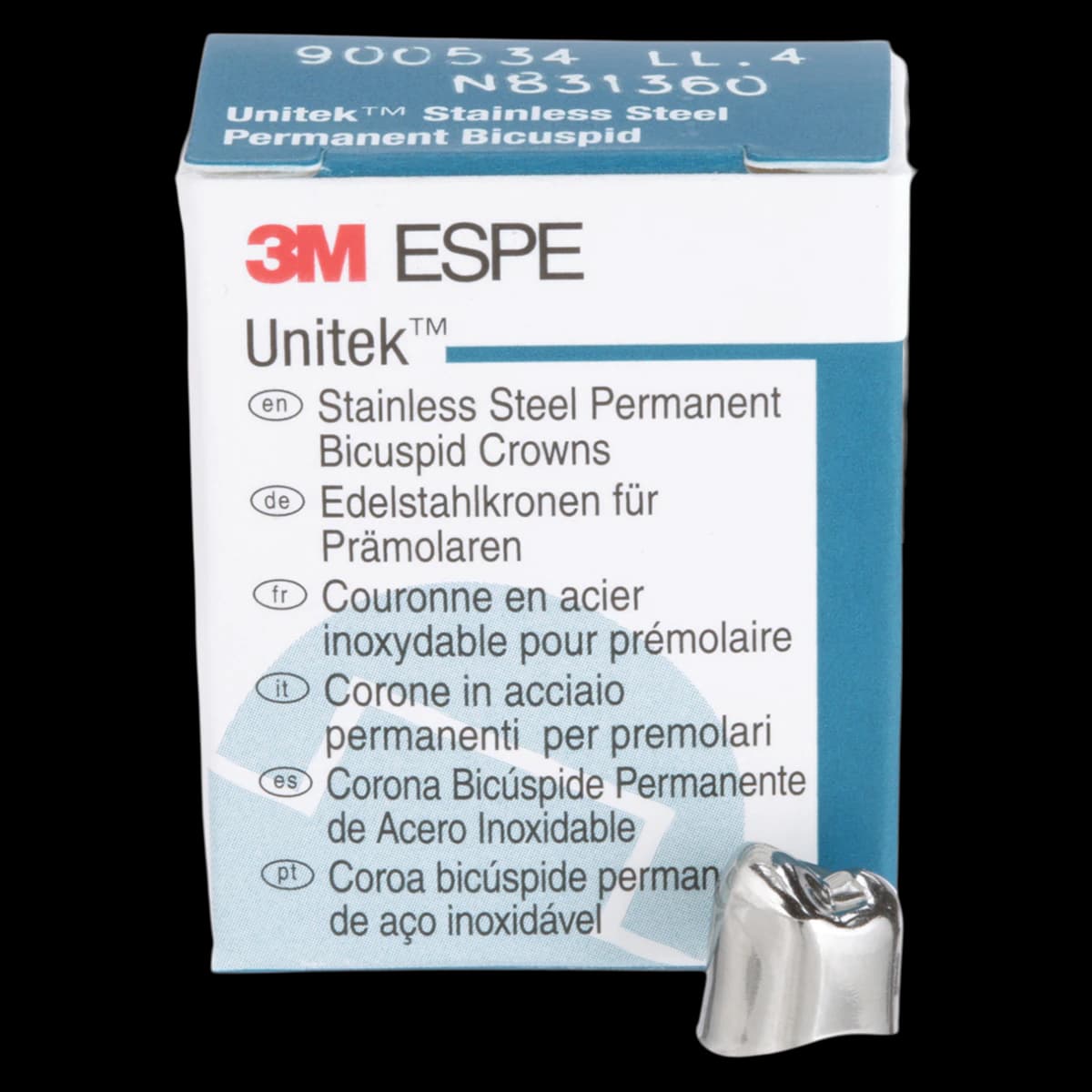3M Unitek Stainless Steel Permanent Crown, First Bicuspid, Lower Left, Size 4 (4LL), 5/Box, 900534 - 3M Unitek SS Permanent Bicuspid Crowns Lower Left First Bicuspid Size 4 5Bx - Image 1
