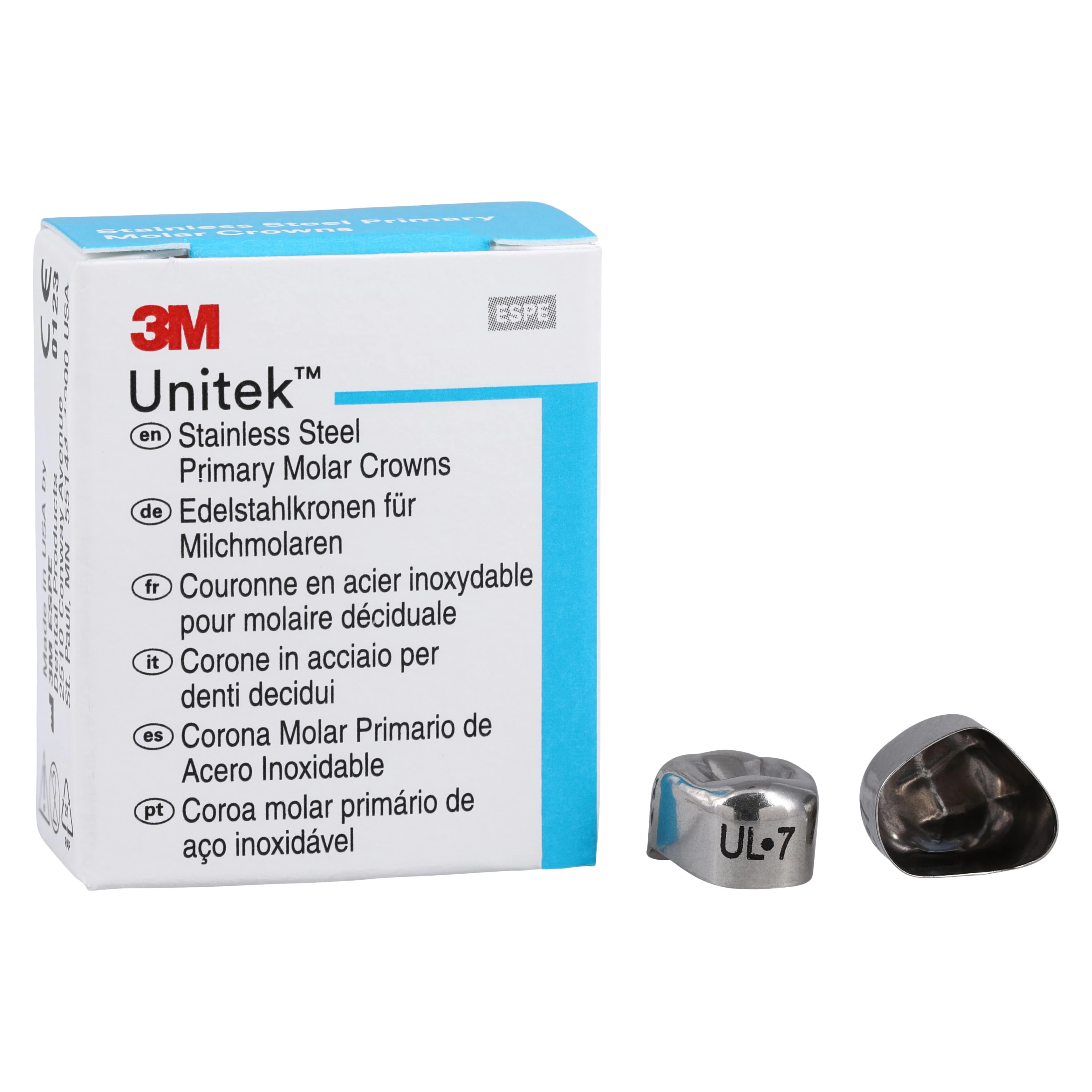 3M Unitek Stainless Steel Primary Molar Crowns, Upper Left First Molar, Size 7 (UL7), 5/Box, 900117 - 3M Unitek Stainless Steel Primary Molar Crowns Upper Left First Size 7 5Bx - Image 1