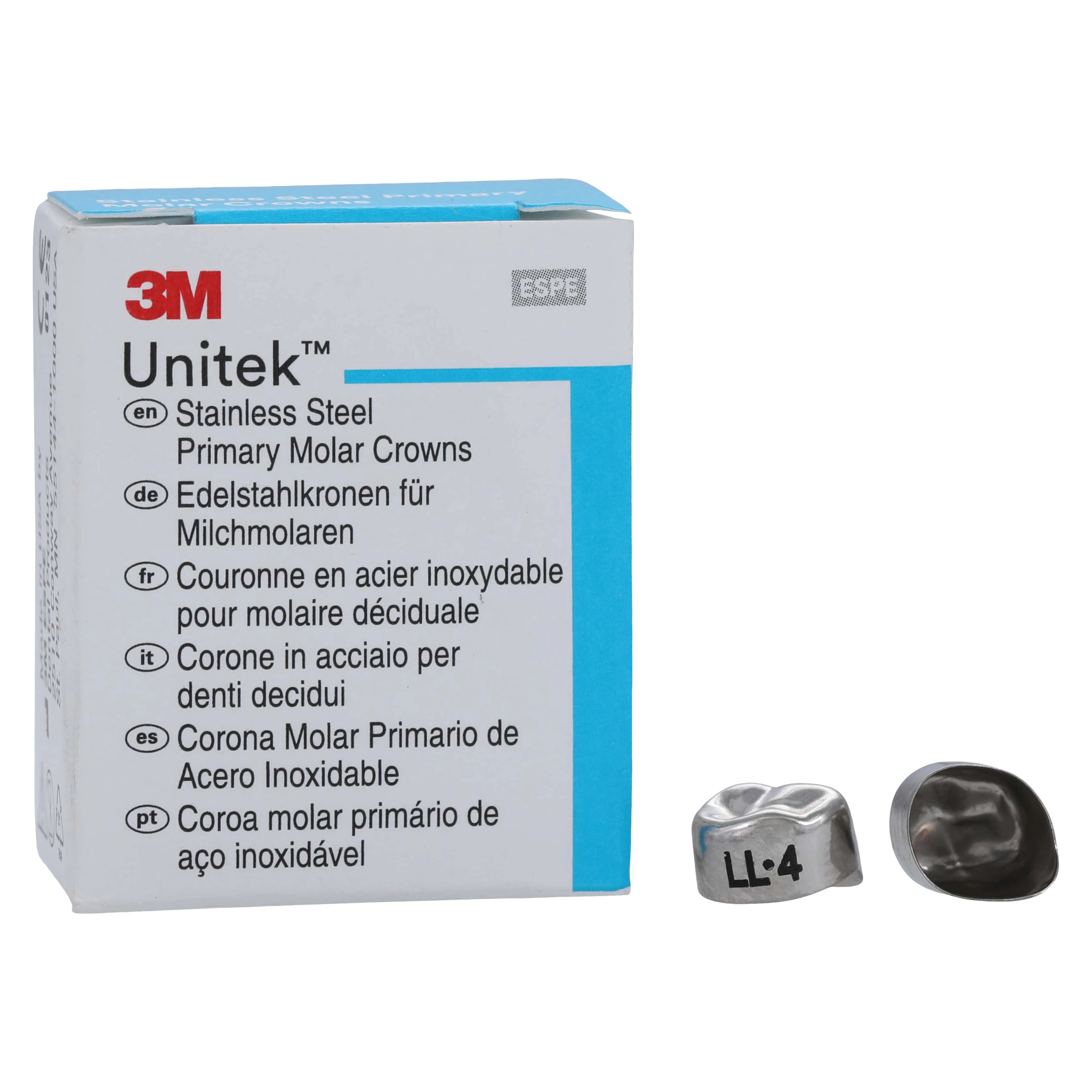 3M Unitek Stainless Steel Primary Molar Crowns, Lower Left First Molar, Size 4 (LL4), 5/Box, 900134 - 3M Unitek Stainless Steel Primary Molar Crowns Lower Left First Size 4 5Bx - Image 1