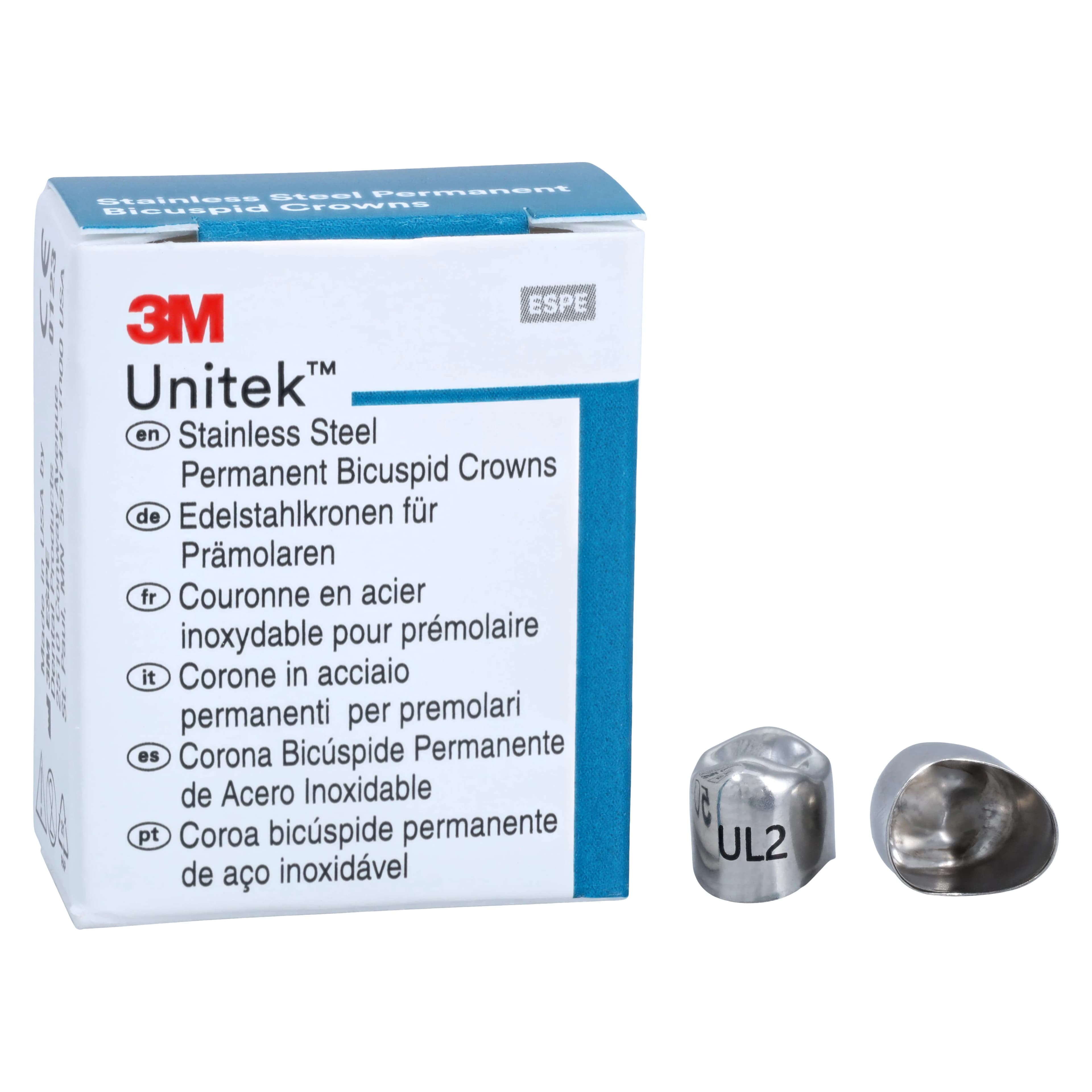 3M Unitek Stainless Steel Permanent Bicuspid Crown, Upper Left First Bicuspid, Size 2 (2UL), 5/Box, 900512 - 3M Unitek SS Permanent Bicuspid Crowns Upper Left First Bicuspid Size 2 5Bx - Image 1