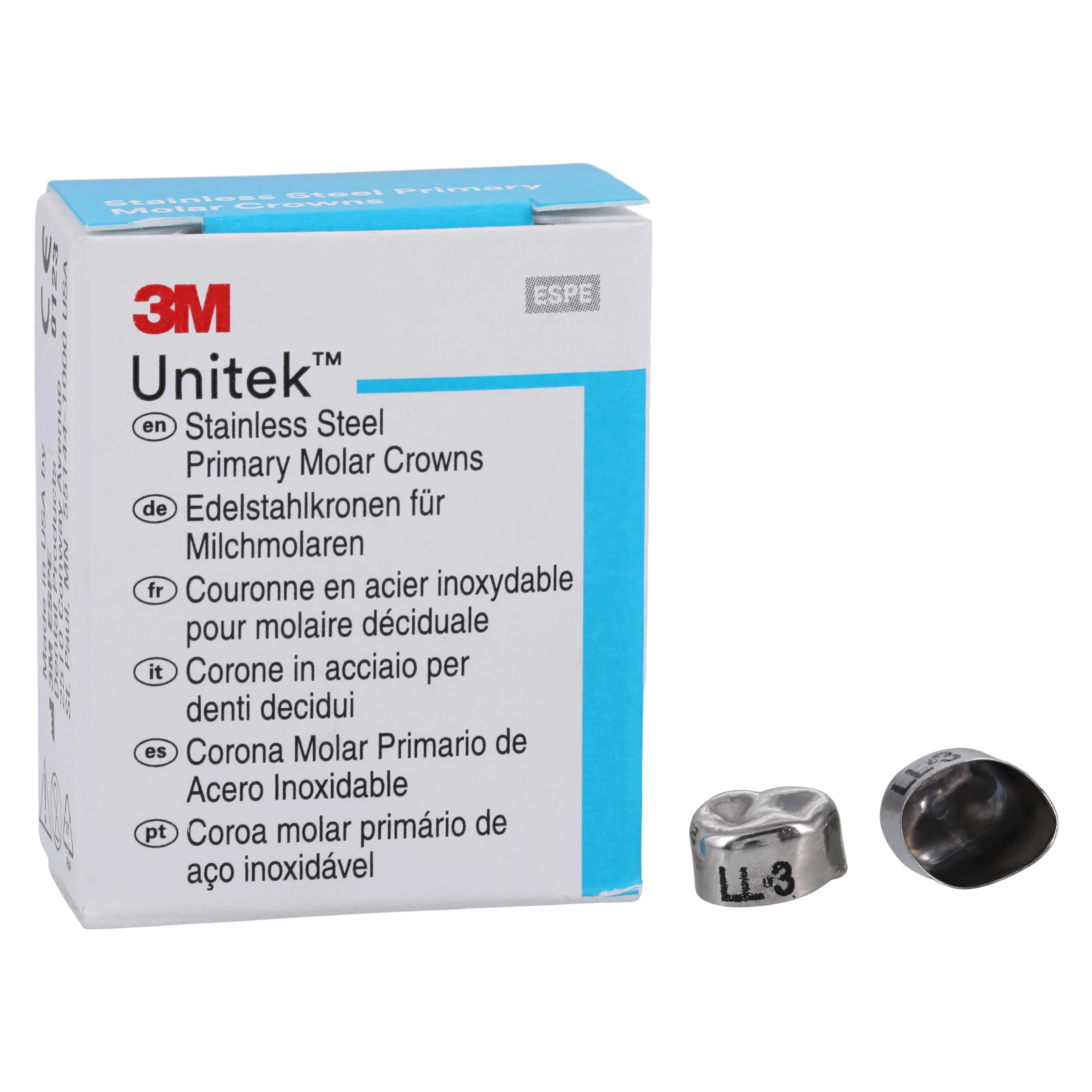 3M Unitek Stainless Steel Primary Molar Crowns, Lower Left First Molar, Size 3 (LL3), 5/Box, 900133 - 3M Unitek Stainless Steel Primary Molar Crowns Lower Left First Size 3 5Bx - Image 1