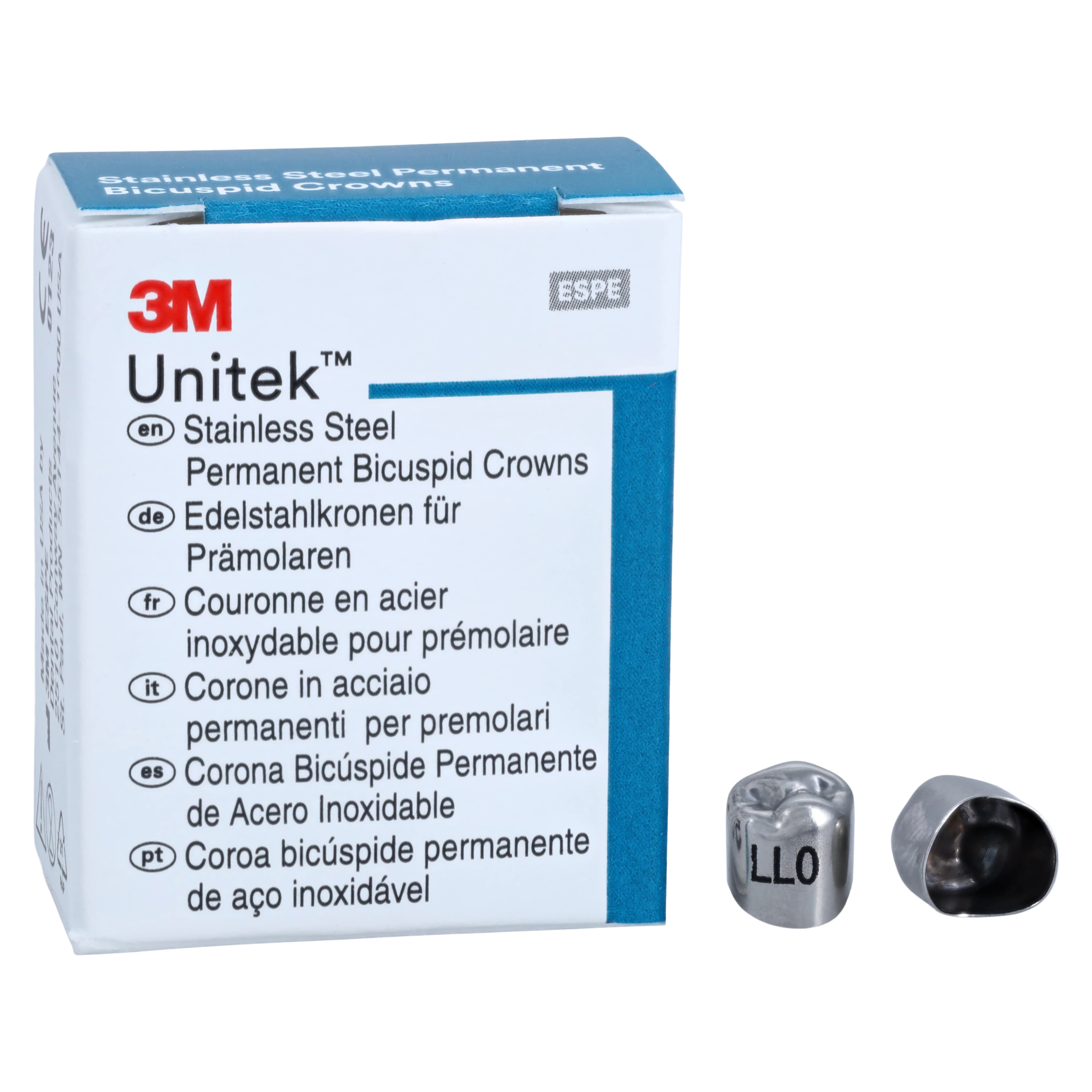 3M Unitek Stainless Steel Permanent Bicuspid Crown, Lower Left Second Bicuspid, Size 0 (0LL), 5/Box, 900630 - 3M Unitek SS Permanent Bicuspid Crowns Lower Left Second Bicuspid Size 0 5Bx - Image 1