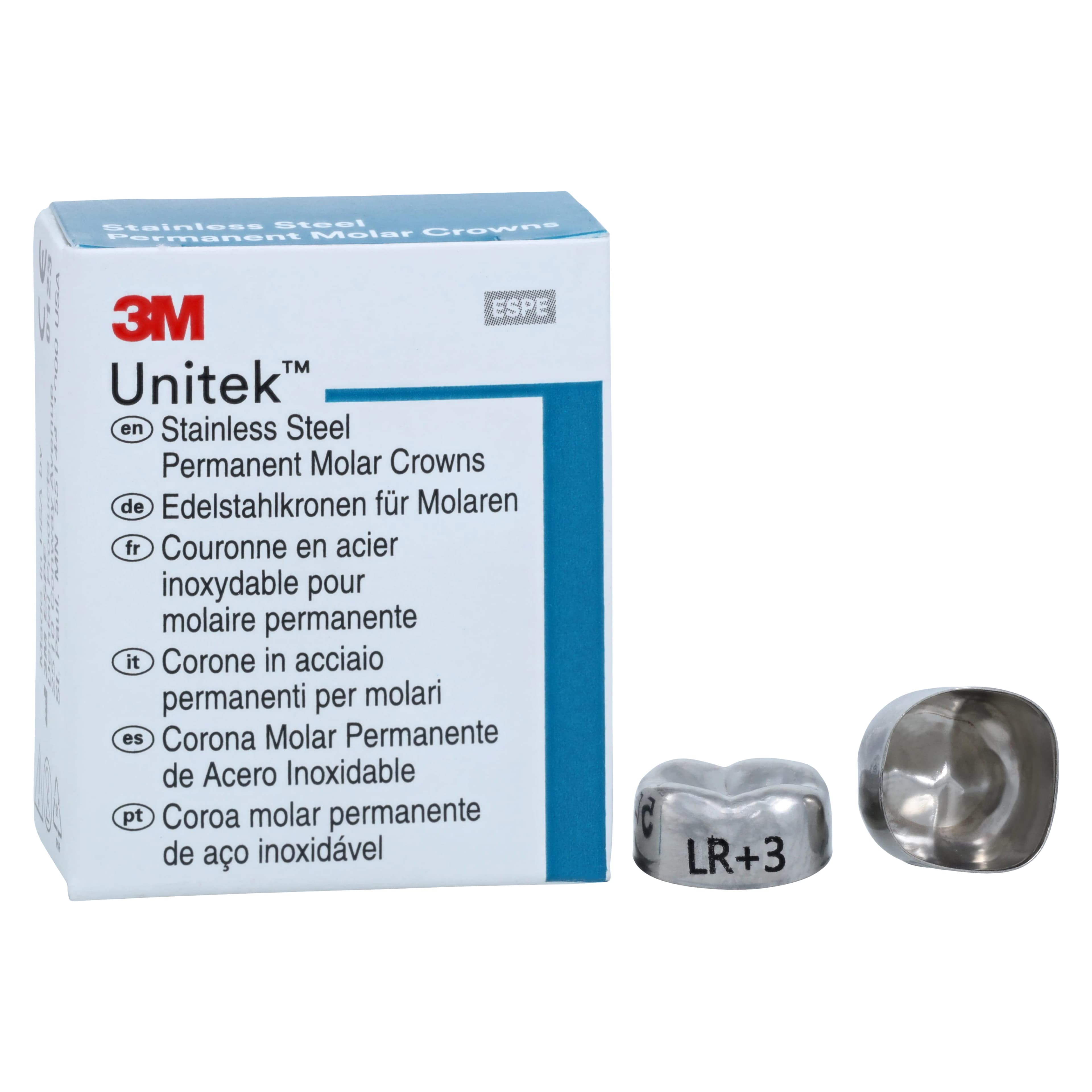 3M Unitek Permanent Stainless Steel Crowns, Lower Right Second Permanent Molar, Size 3LR, 5/Box, 900443 - 3M Unitek Stainless Steel Crowns Lower Right Second Permanent Molar Size 3 5Bx - Image 1
