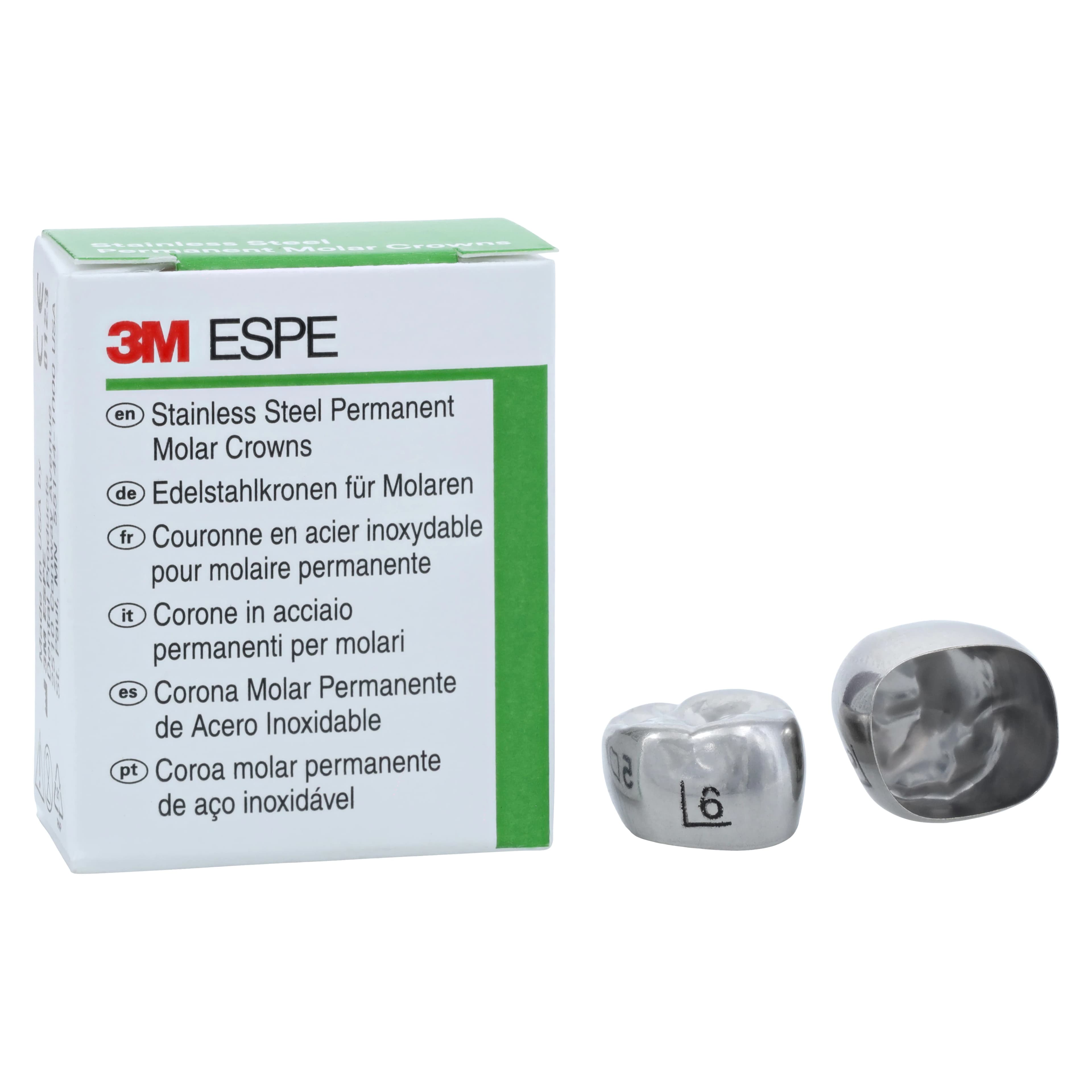 3M™ ESPE™ Stainless Steel Permanent Molar Crown, Size 6UL6, Upper Left First Permanent Molar, 5/Box - 3M™ ESPE™ SS Crowns Size 6UL6 1st Permanent Molar Box of 5 - Image 1