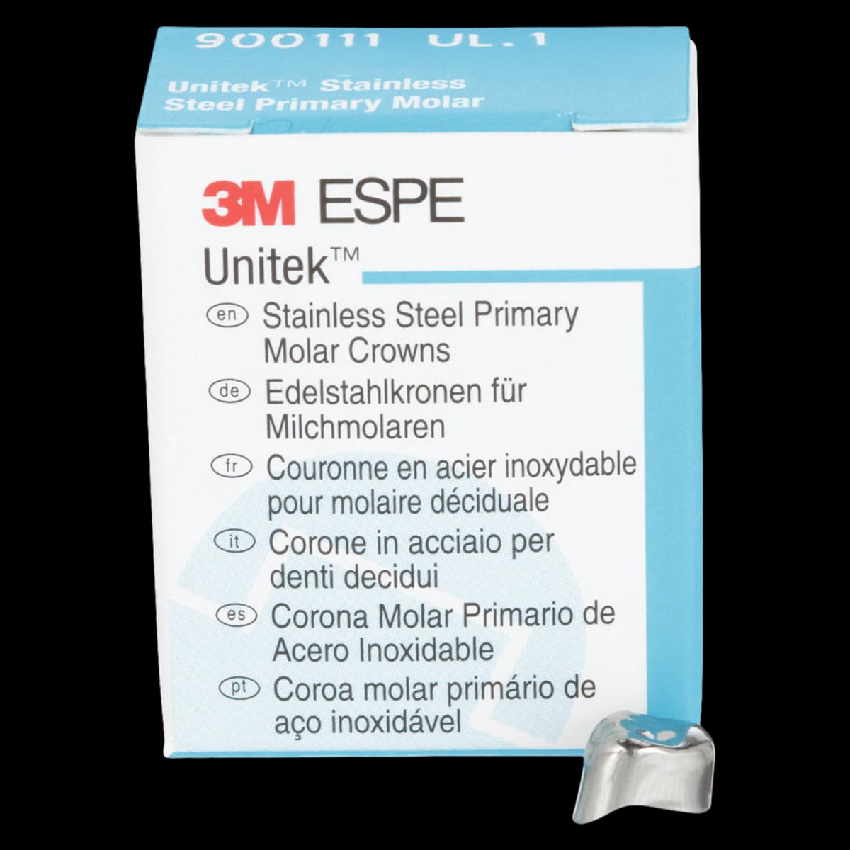3M Unitek Stainless Steel Primary Molar Crown, Upper Left First Molar, Size 1 (UL1), 5/Box, 900111 - 3M Unitek Stainless Steel Primary Molar Crowns Upper Left First Size 1 5Bx - Image 1