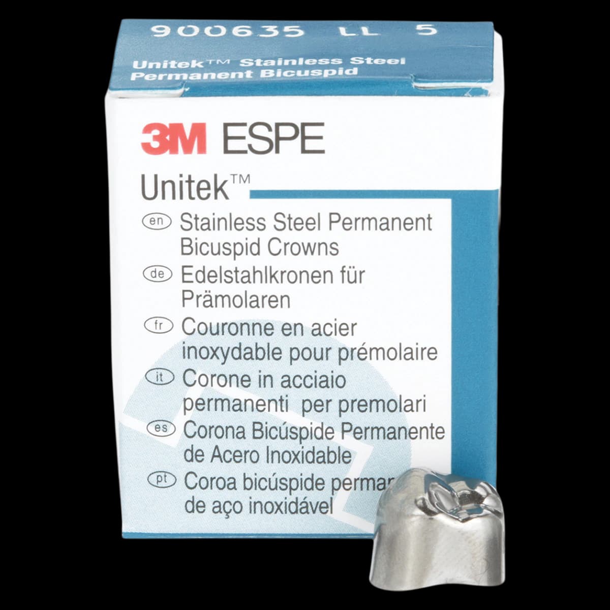 3M Unitek Stainless Steel Permanent Bicuspid Crown, Lower Left Second Bicuspid, Size 5 (5LL), Box of 5, 900635 - 3M Unitek SS Permanent Bicuspid Crowns Lower Left Second Bicuspid Size 5 5Bx - Image 1