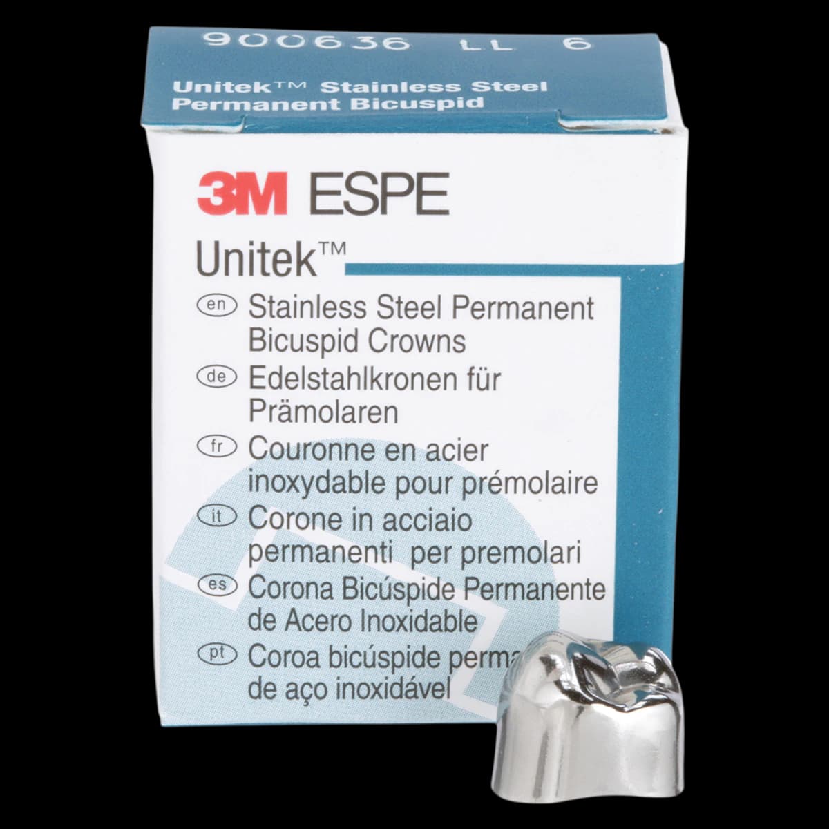 3M Unitek Stainless Steel Permanent Bicuspid Crown, Lower Left Second Bicuspid, Size 6 (6LL), Box of 5, 900636 - 3M Unitek SS Permanent Bicuspid Crowns Lower Left Second Bicuspid Size 6 5Bx - Image 1