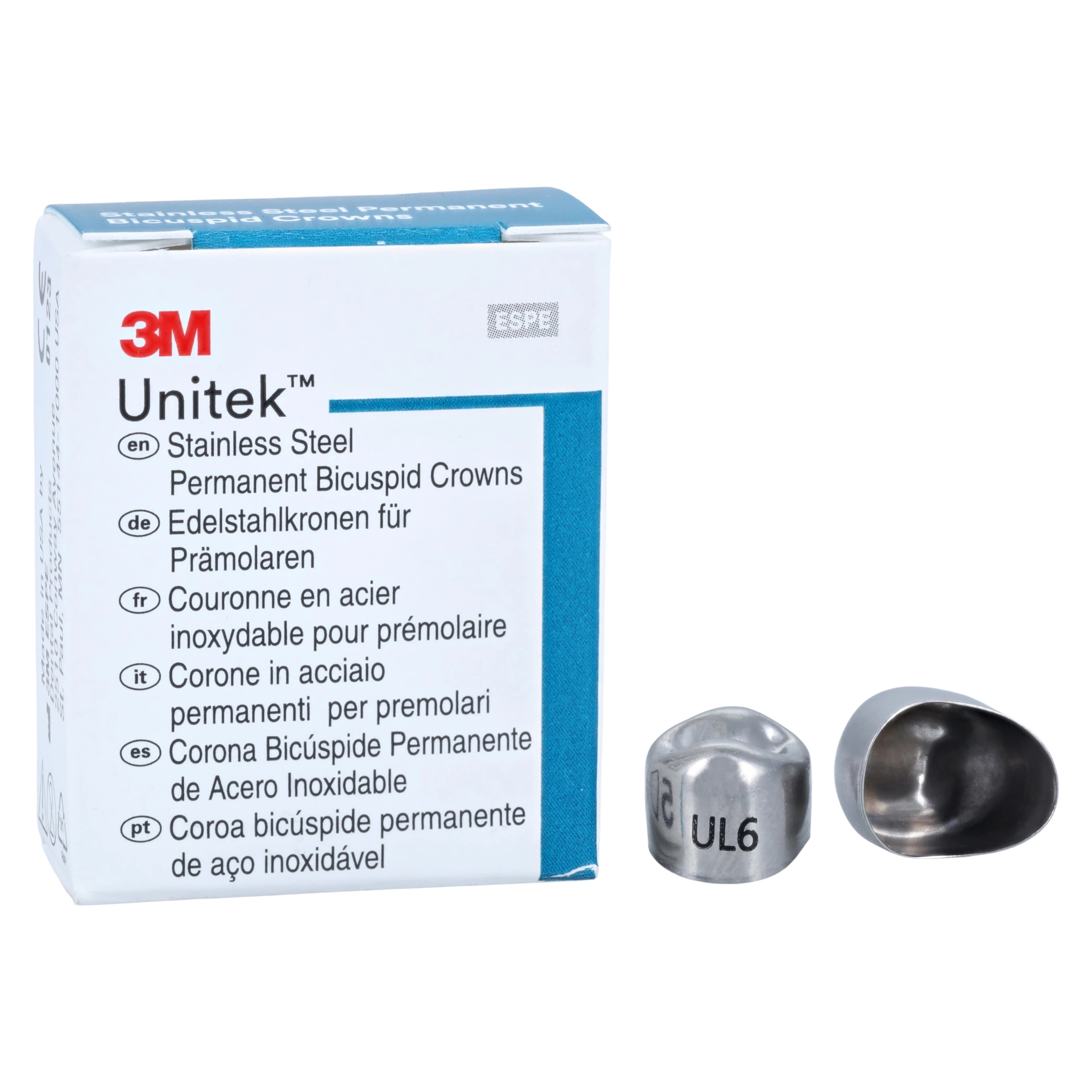 3M Unitek Permanent Stainless Steel Crown, Upper Left First Bicuspid, Size 6 (UL-6), 5/Box, 900516 - 3M Unitek SS Permanent Bicuspid Crowns Upper Left First Bicuspid Size 6 5Bx - Image 1