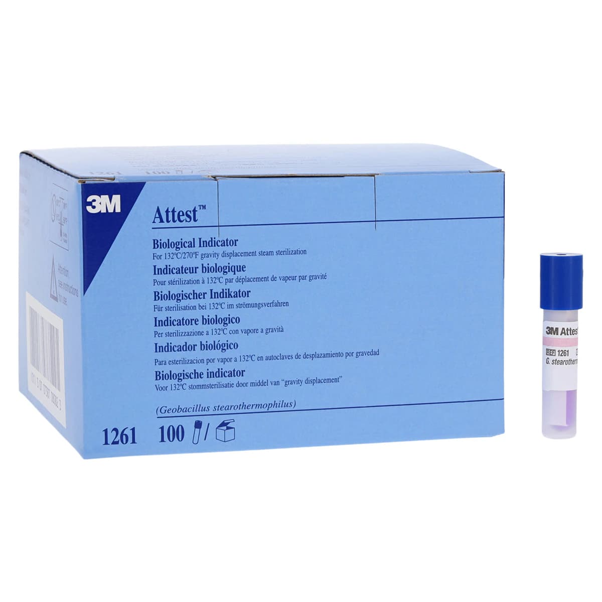 3M Attest Steam Biological Indicator, 1261, Blue Cap, 24-Hour Readout, Box of 100 - Attest Biological Indicator Steam 24 Hour (100) - Image 1