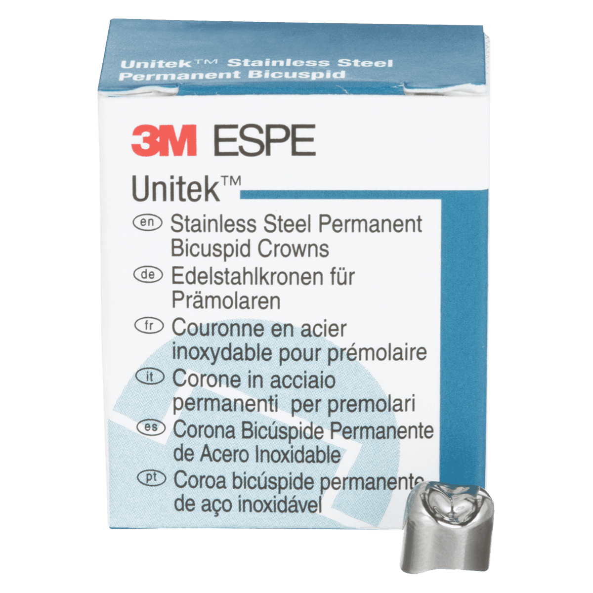 3M Unitek Stainless Steel Permanent Bicuspid Crown, Upper Right First Bicuspid, Size 00, 5/Box, 900519 thumbnail 2
