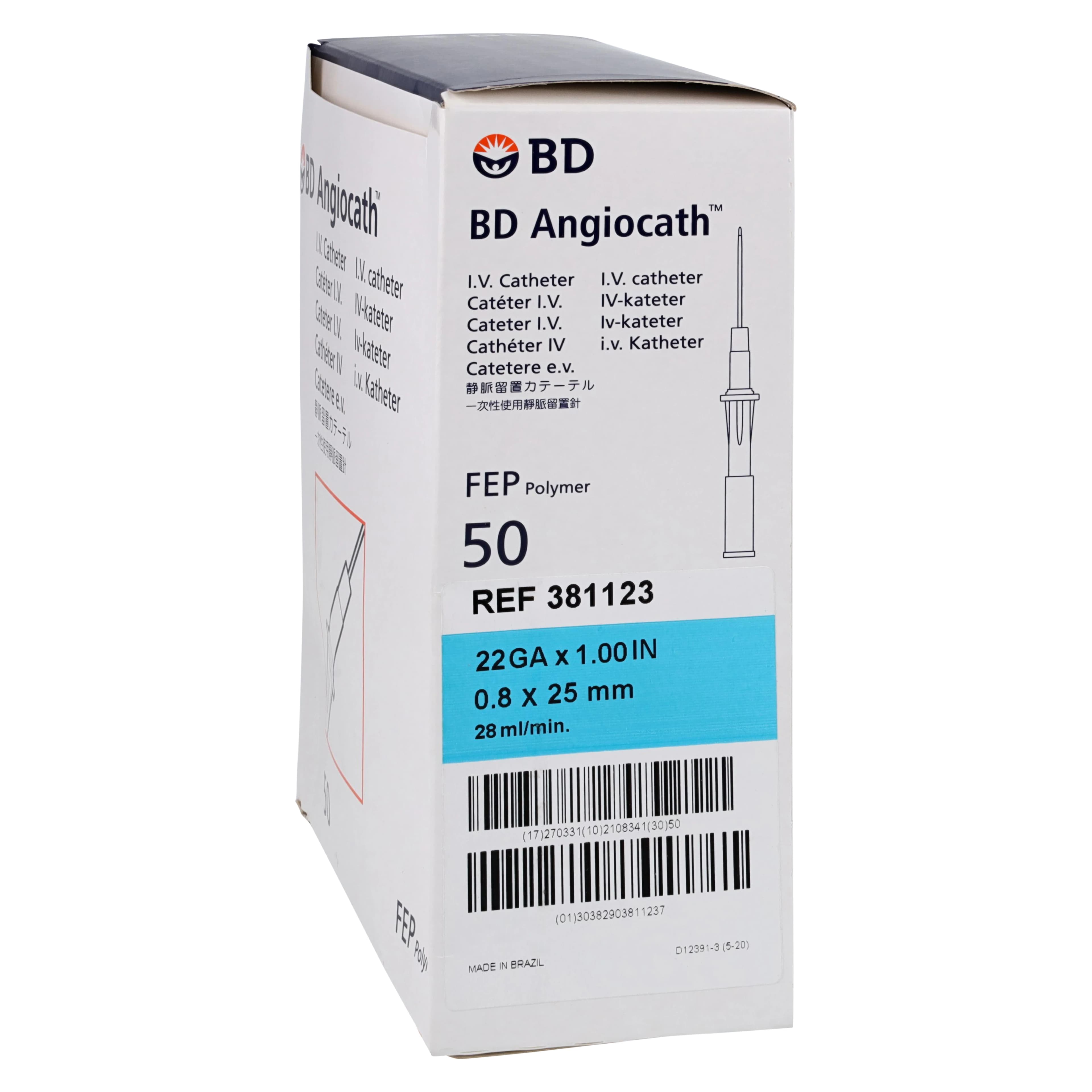 Angiocath Peripheral Venous Catheter, 22 Gauge, 1" Tapered Tip, Blue, Sterile, Latex-Free, 50/Box - Angiocath 22g X 1" - Image 1