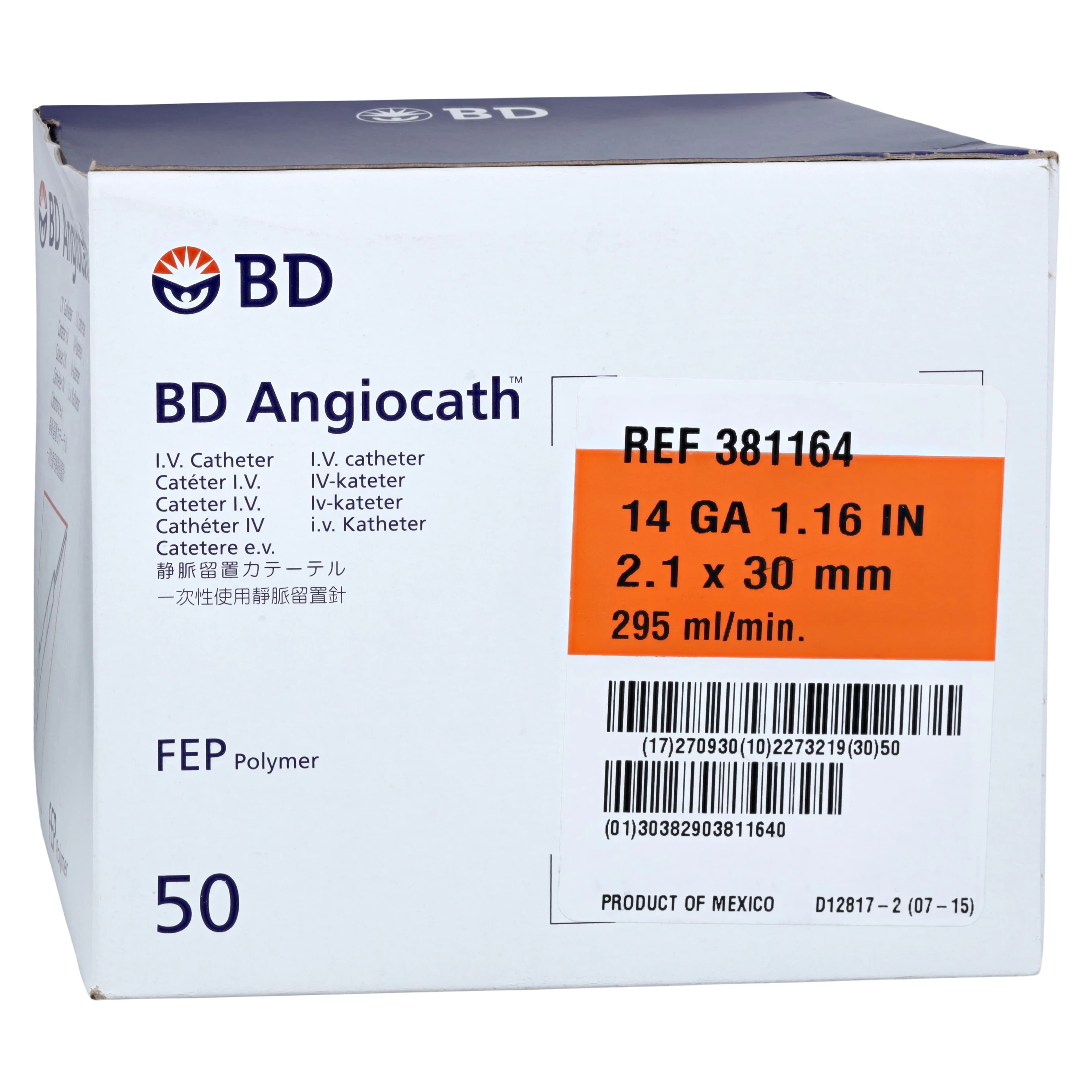 BD Angiocath Peripheral Venous Catheter, 14 Gauge, 1-3/20" Tapered Tip, Orange, Sterile, 50/Box - Angiocath - Image 1