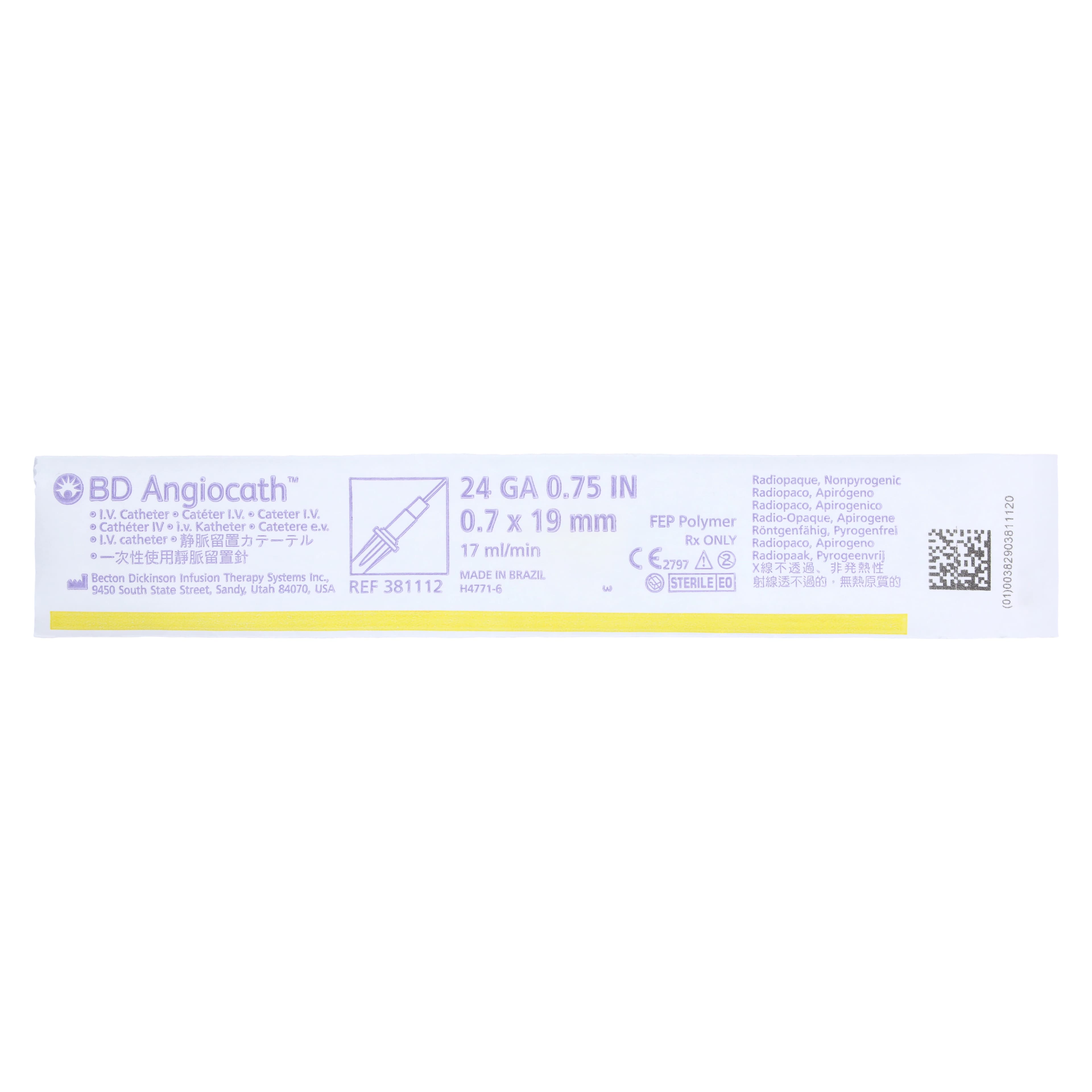 Angiocath Peripheral Venous Catheter, 24 Gauge, 3/4" Tapered Tip, Yellow, Sterile, Latex-Free, 50/Box thumbnail 2