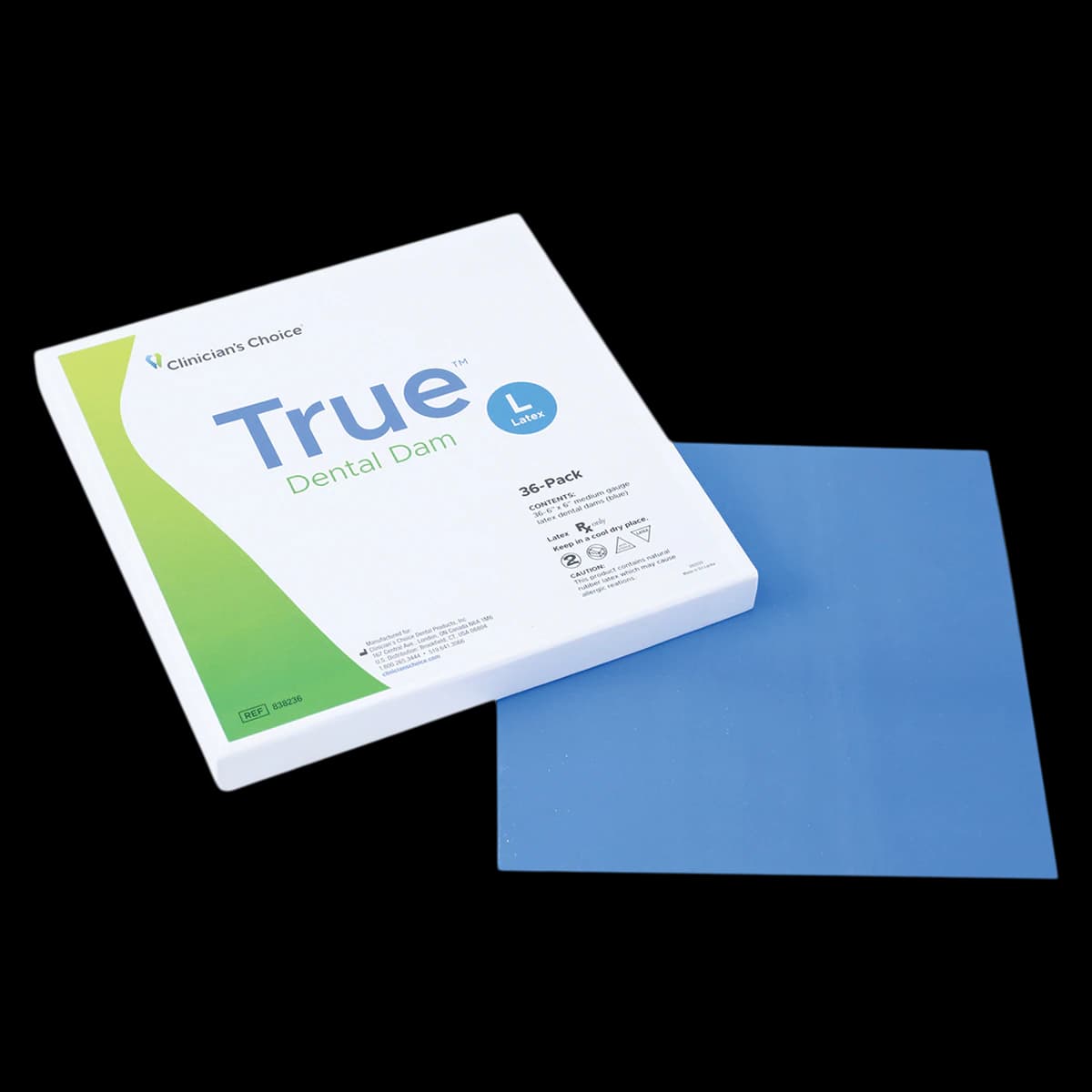 True Dental Dam Latex Rubber Dam, 6 x 6 in, Medium Gauge, Blue, Unflavored, 36/Box - True Dental Dam Latex Rubber Dam - Image 1