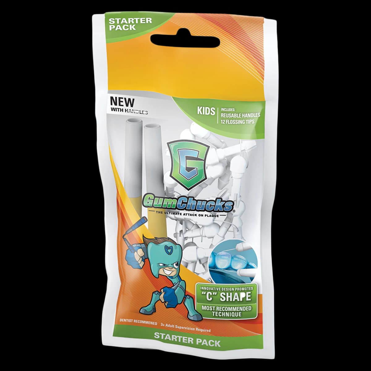 GumChucks KIDS Flossers Starter Pack, 7 in, White, 1 Set with 12 Disposable Tips - GumChucks Flosser Kids Starter Pack - Image 1