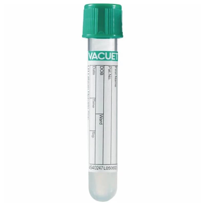 Greiner Bio-One Vacuette Venous Blood Collection Tube, Lithium Heparin, Green/Yellow Cap, 3 mL, 50/Pk - Tube Vac Lithium Heparin - Image 1