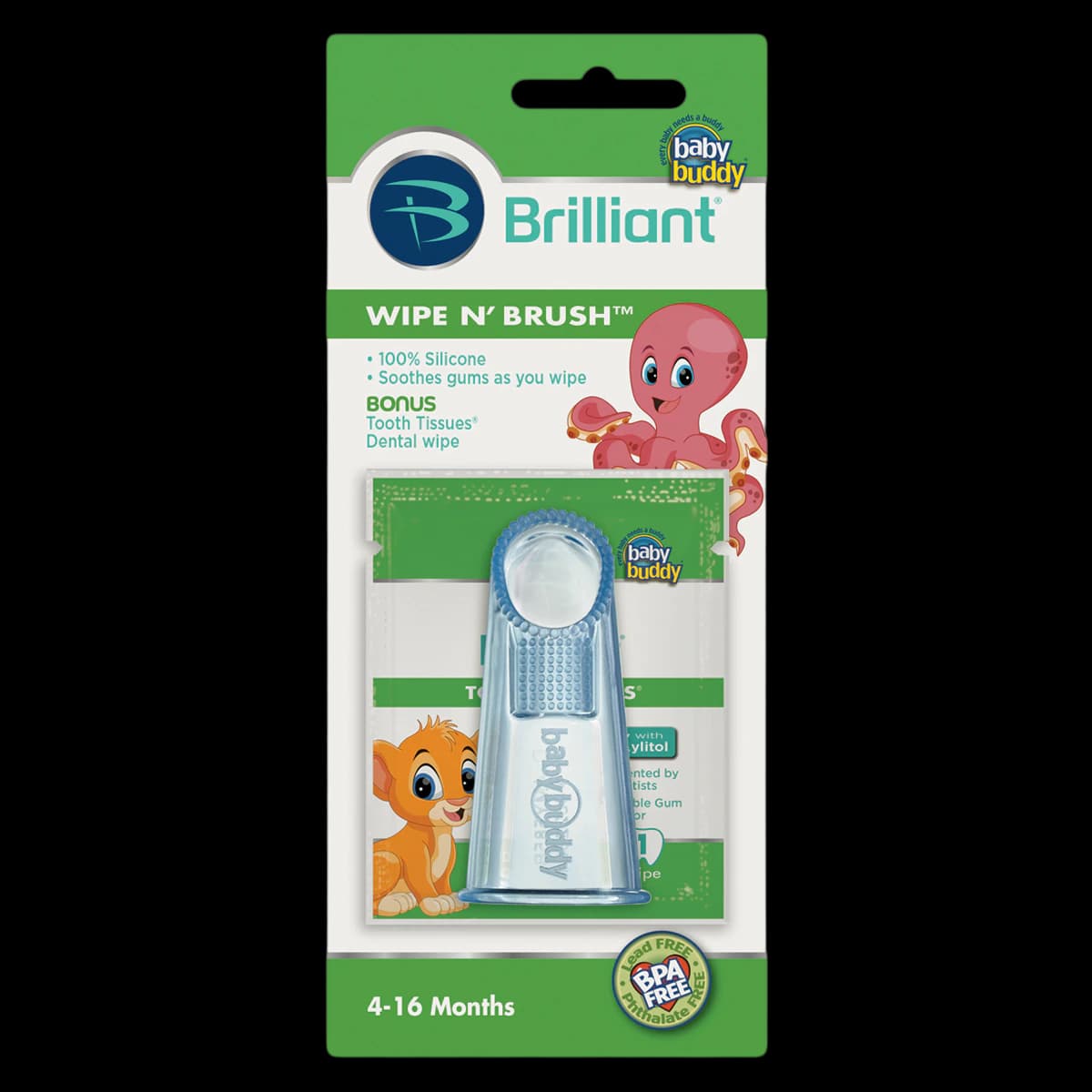 Baby Buddy Wipe-N-Brush Toothbrush, Finger, Dual-Sided, No Tuft, Blue, 4-16 Months, 6/Bx - Baby Buddy Wipe-N-Brush - Image 1
