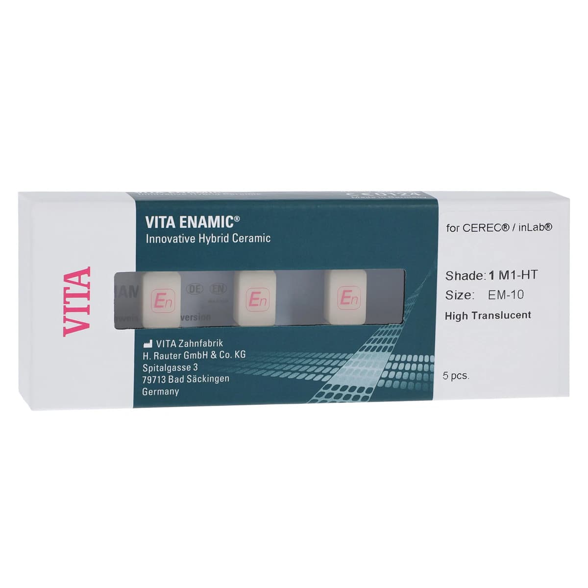 VITA ENAMIC HT CAD/CAM Milling Blocks for CEREC, High Translucency, 10 mm, Shade 1M1, 5/Pack - VITA Enamic Cerec HT 10mm 5/Pack - Image 1