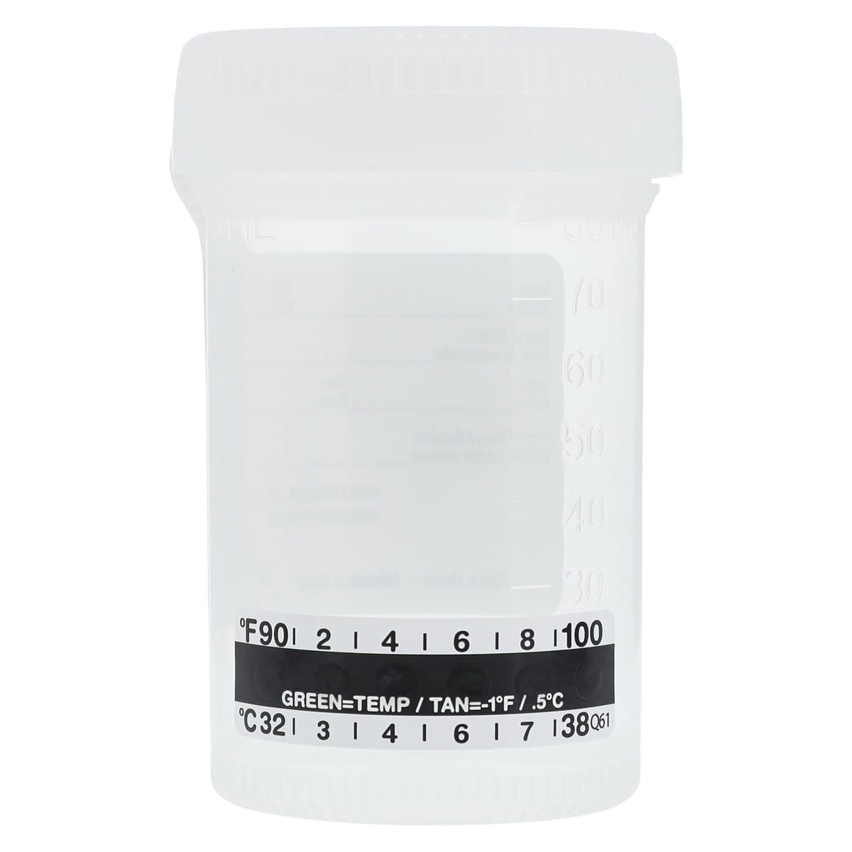 Globe Scientific Drug Test Container, 90mL, Polypropylene, Sterile, with ID Label and Thermometer Strip, White Screw Cap, Clear, 400/Case thumbnail 2