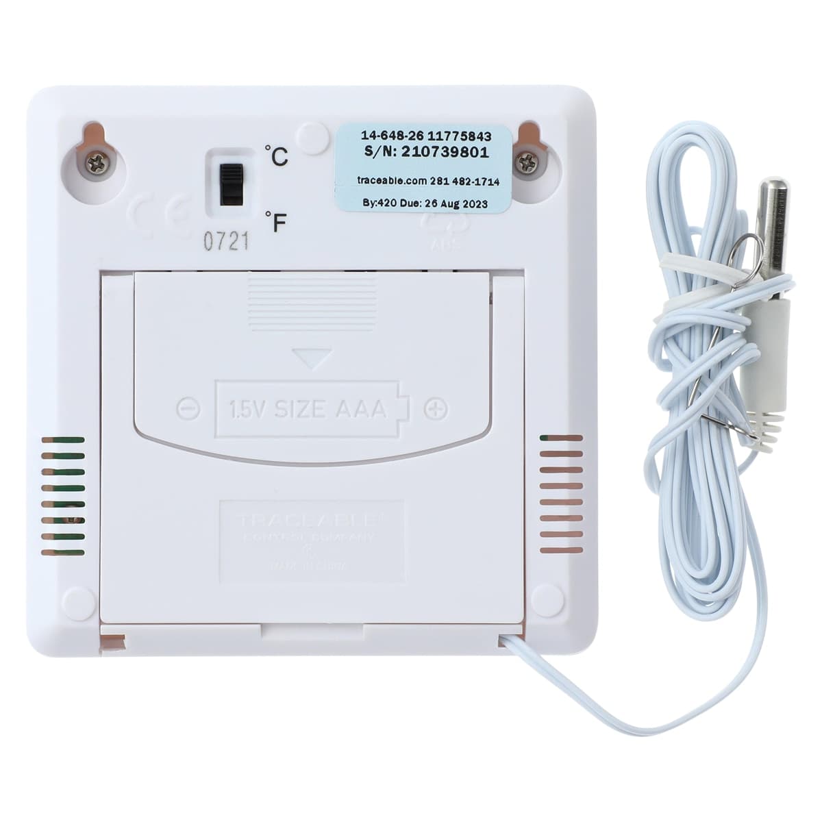 Traceable Timer Thermometer, ABS Plastic, -40 to 80°C, External Probe, Min/Max Memory, Digital Triple LCD, ISO 17025/A2LA/NIST, Flip Open Stand, Wall Mount, Each thumbnail 2