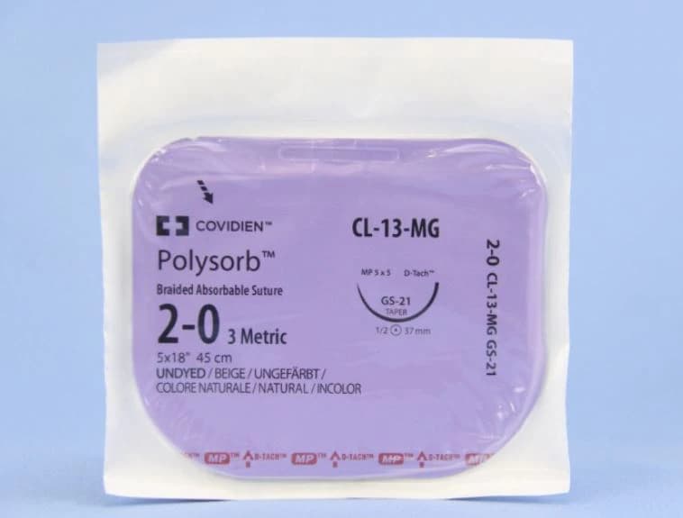 Medtronic Polysorb Absorbable Suture, 2-0, 18", GS-21 Taper Point 1/2 Circle Needle 37mm, Undyed, 12/Case - Suture Polysorb Undyed GS-21 - Image 1