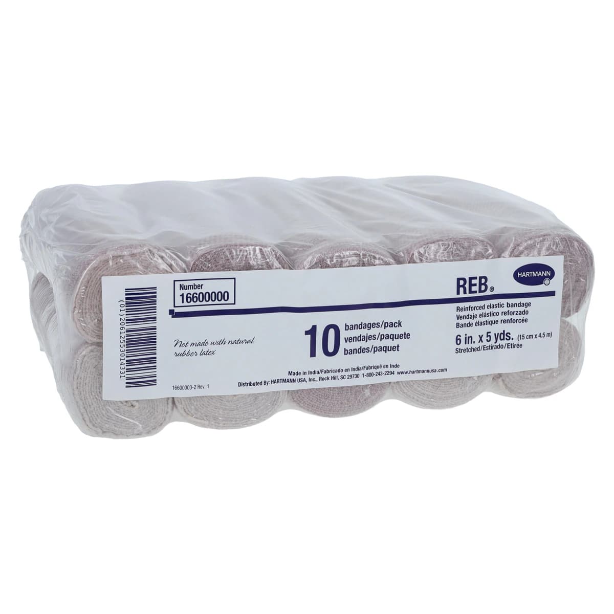 Hartmann REB Stretch Bandage Elastic, 6" x 5 yd, Tan, Non-Sterile, 10/Package - Bandage Elast REB Clips LF NS - Image 1