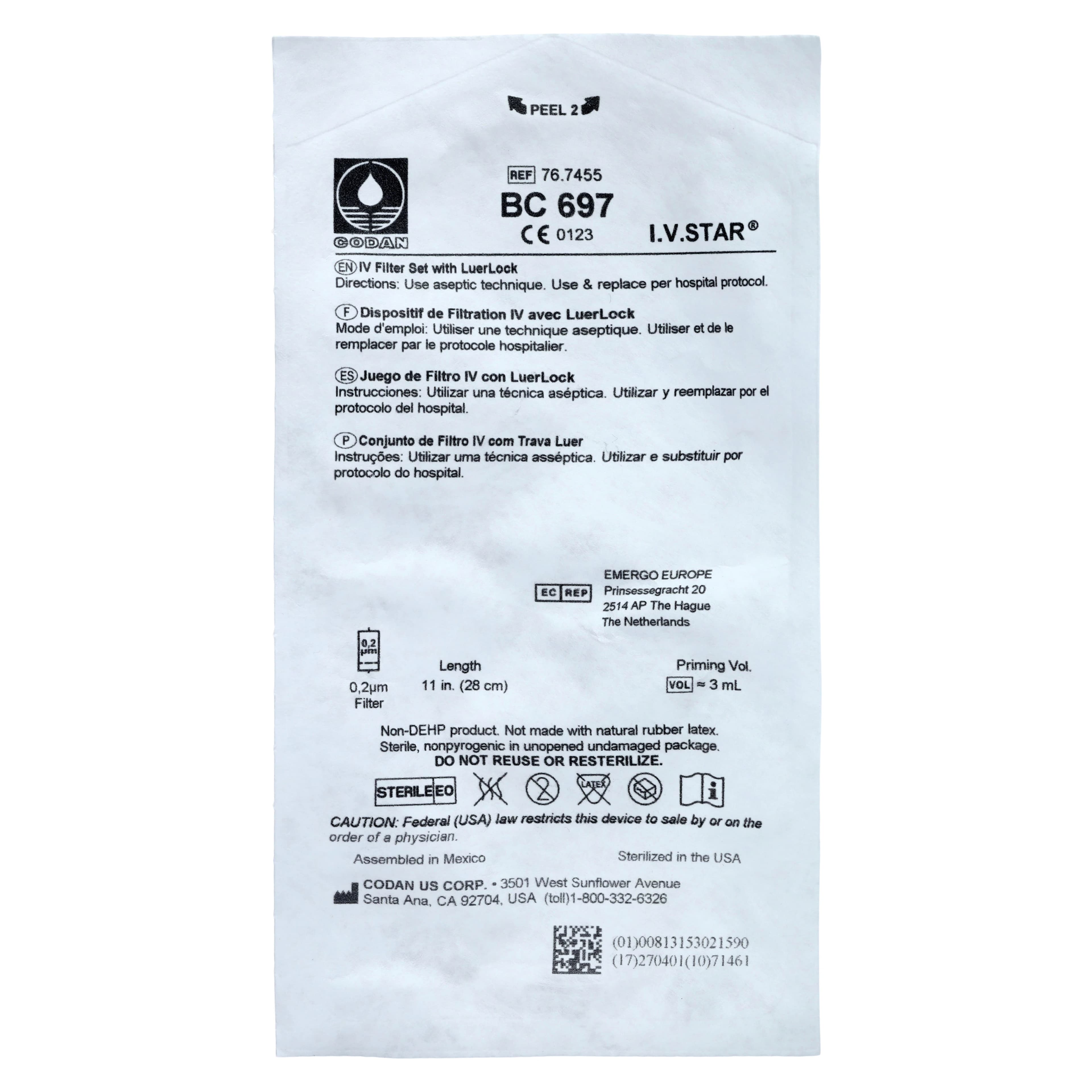 Codan IV Extension Set with 0.2 Micron Air-Eliminating Filter, 11" Female Luer Lock Adapter, On/Off Clamp/FlowStop Cap, Regular Bore, 50/Case - Micron Filter - Image 1