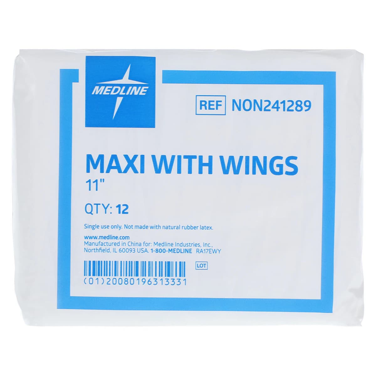 Medline Maximum Sanitary Pads with Wings, 11 Inch, White, Disposable, 288/Case - Pad With Wings - Image 1