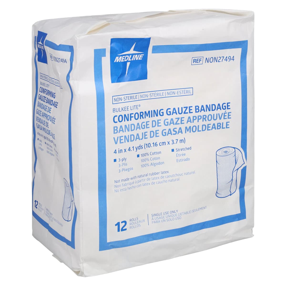 Medline Bulkee Lite Gauze Bandage, 4" x 4.1 yd, 3 Ply, Non-Sterile, 12/Bag - Bandage Fluff Bulkee Lt 3Pl NS - Image 1