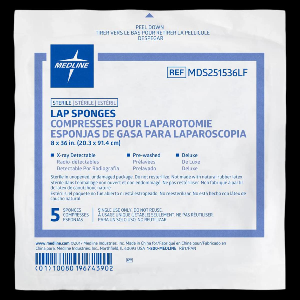 Medline Pre-Washed Laparotomy Sponge, 8" x 36", Sterile, X-Ray Detectable, Latex Free - Lap Sponge 8"x36" Latex Free - Image 1