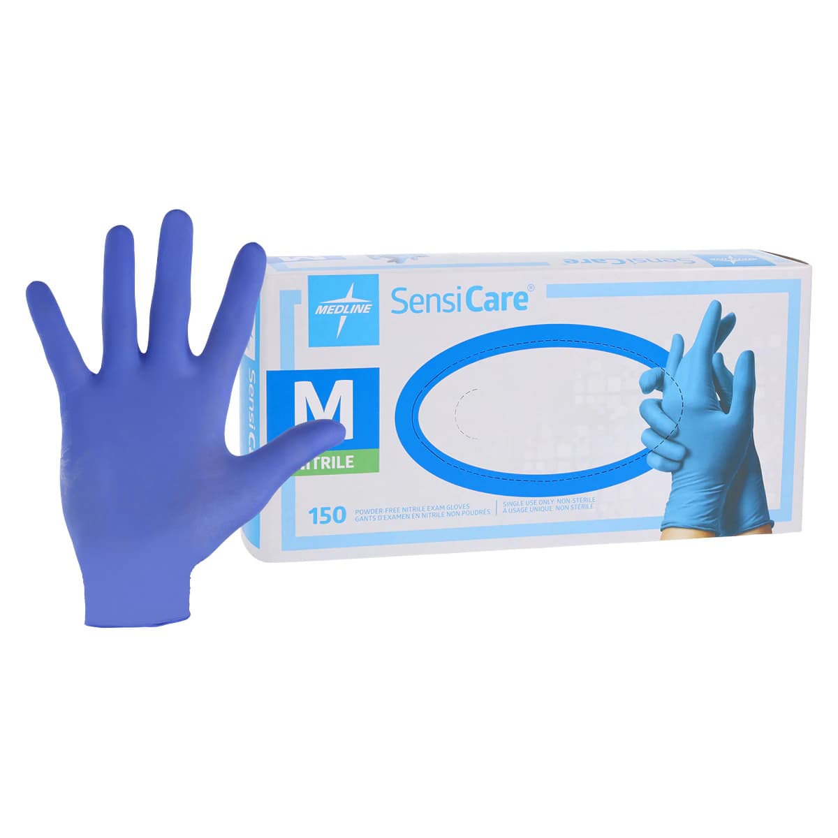 SensiCare Nitrile Exam Gloves, Powder Free, Non-Sterile, Medium, Blue, Textured Fingertip, 150/Box thumbnail 2