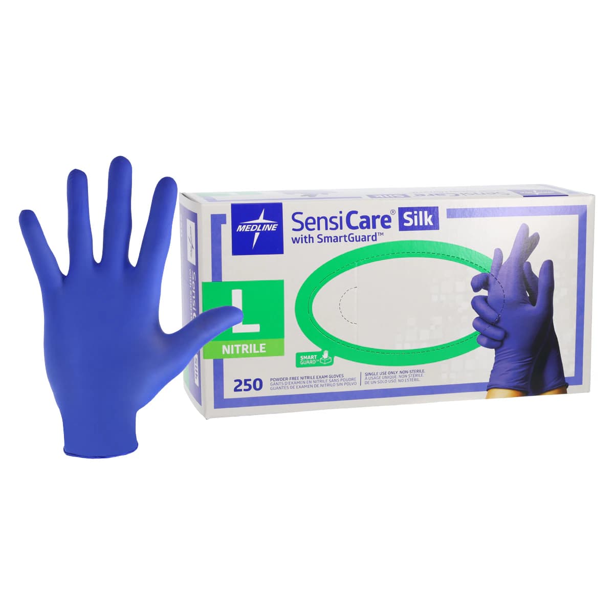 Medline SensiCare Silk Nitrile Exam Gloves, Powder Free, Non-Sterile, Large, Dark Blue, 250/Box - SensiCare Silk PF Nitril Glove - Image 1