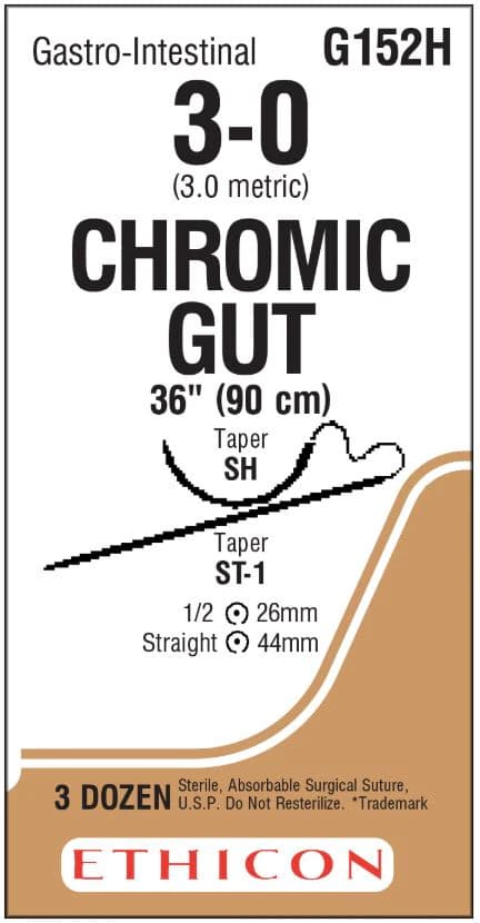 Ethicon Chromic Gut Surgical Suture, 3-0, 36" (90 cm), ST-1/SH Taper Point 1/2 Circle Needle, 36/Bx, G152H - ETHICON SURGICAL GUT SUTURE - CHROMIC G152H - Image 1