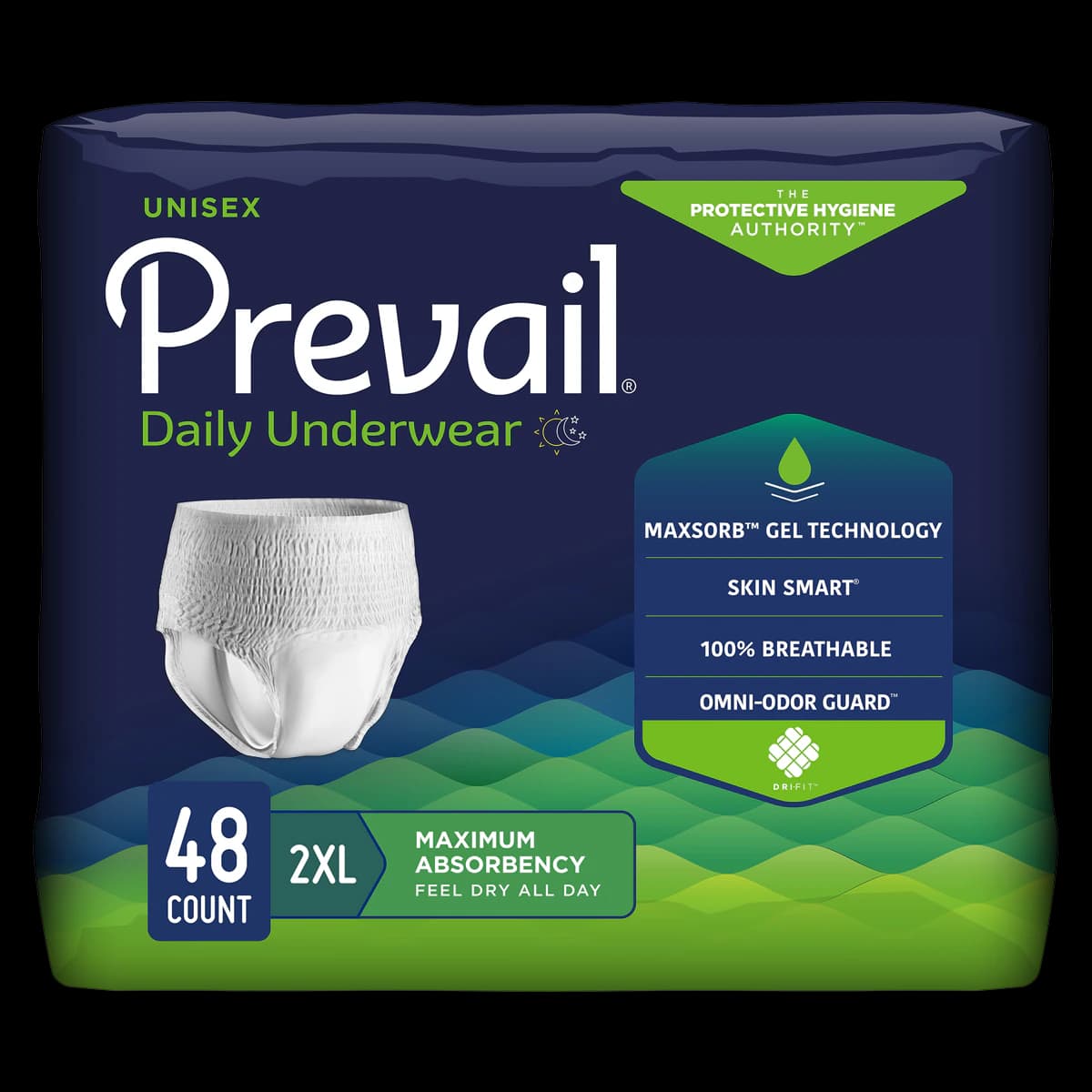 Prevail Incontinence Underwear, Unisex, 2XL (68-80" Waist), Moderate, White, Odor Guard, Pull-Up with MaxSorb, 48/Case - Prevail Underwear - Image 1