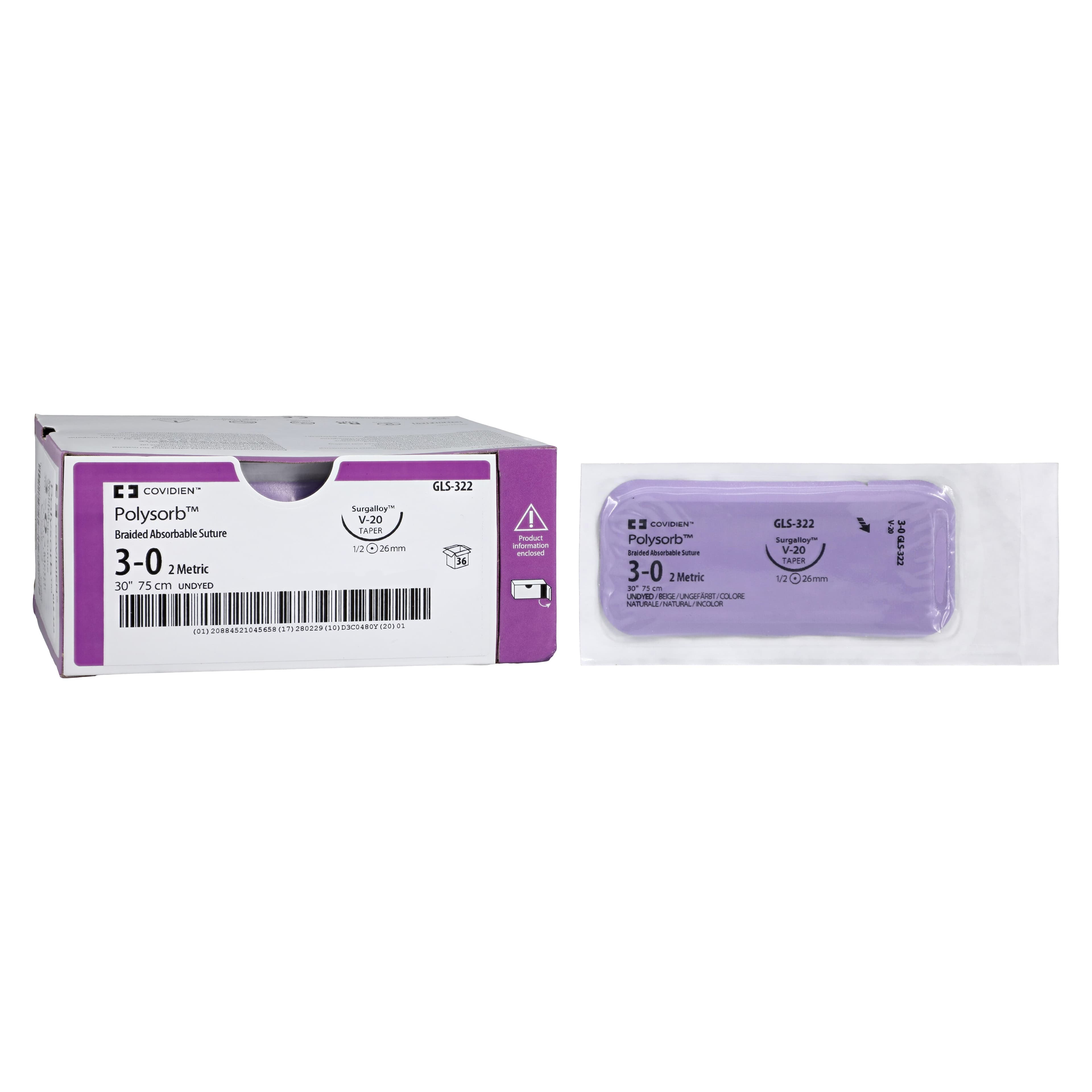 Medtronic Polysorb Suture, 3-0, 30" Polyester Braid, Absorbable, V-20 Taper Point 1/2 Circle Needle 26mm, Coated, Undyed, 36/Case thumbnail 2