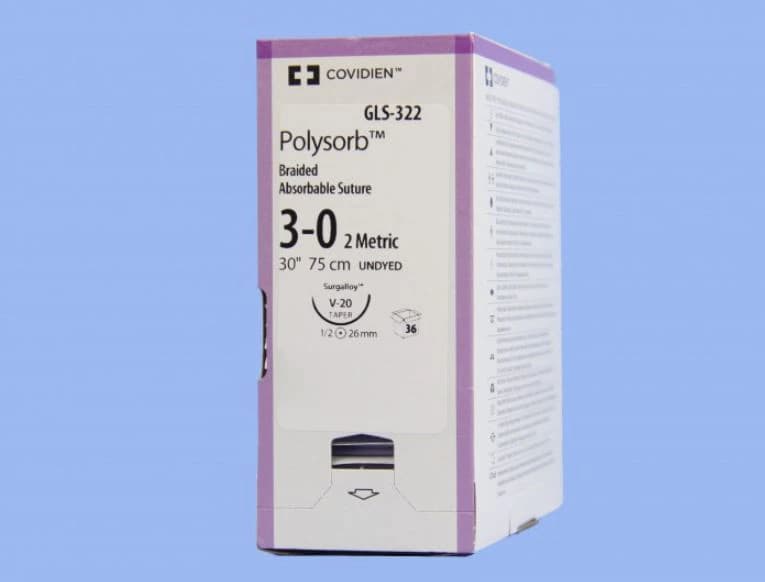Medtronic Polysorb Suture, 3-0, 30" Polyester Braid, Absorbable, V-20 Taper Point 1/2 Circle Needle 26mm, Coated, Undyed, 36/Case - Suture Poly 3-0 V-20Ndl - Image 1