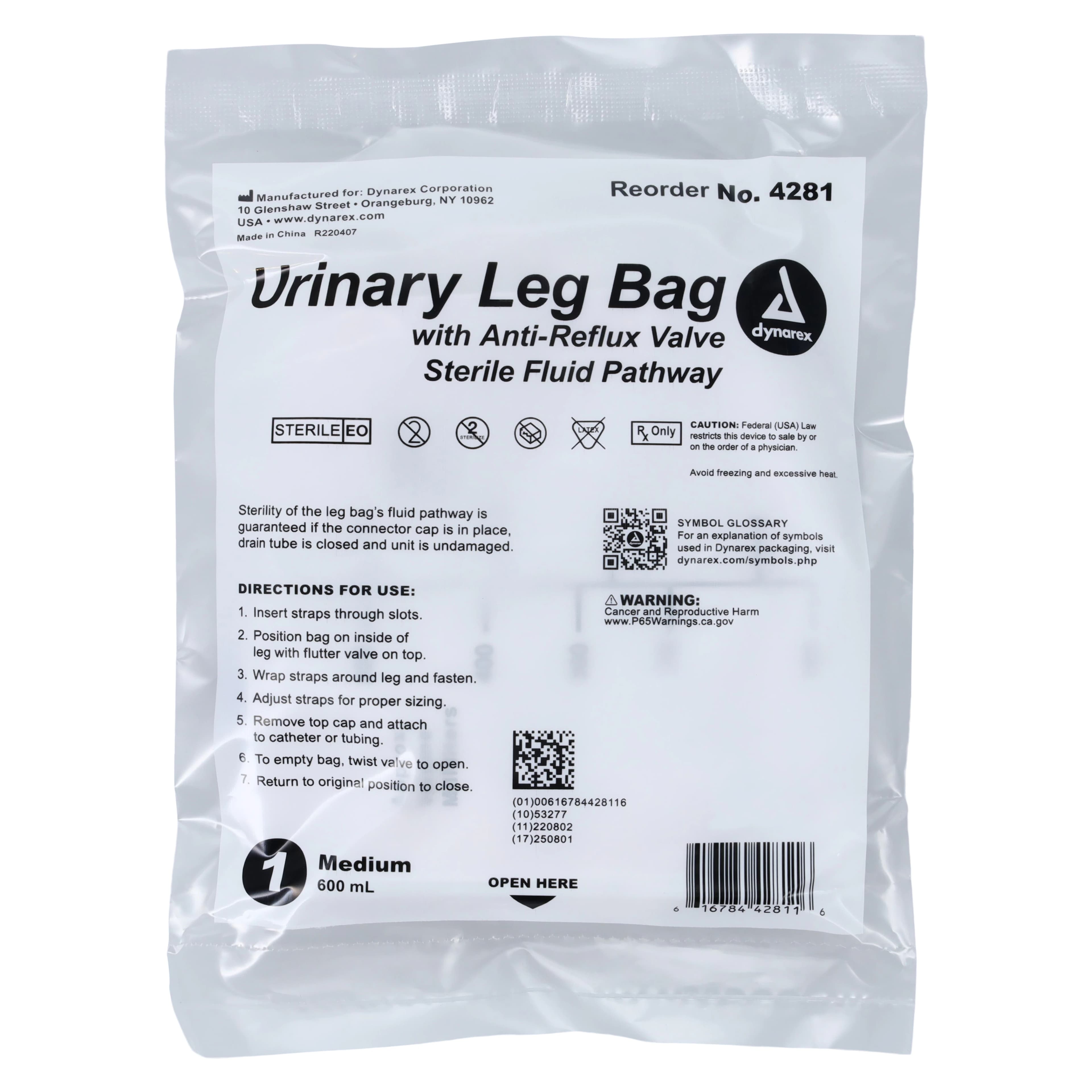 Dynarex Urinary Leg Bag, 600 mL, Disposable, Anti-Reflux Valve, Medium thumbnail 2