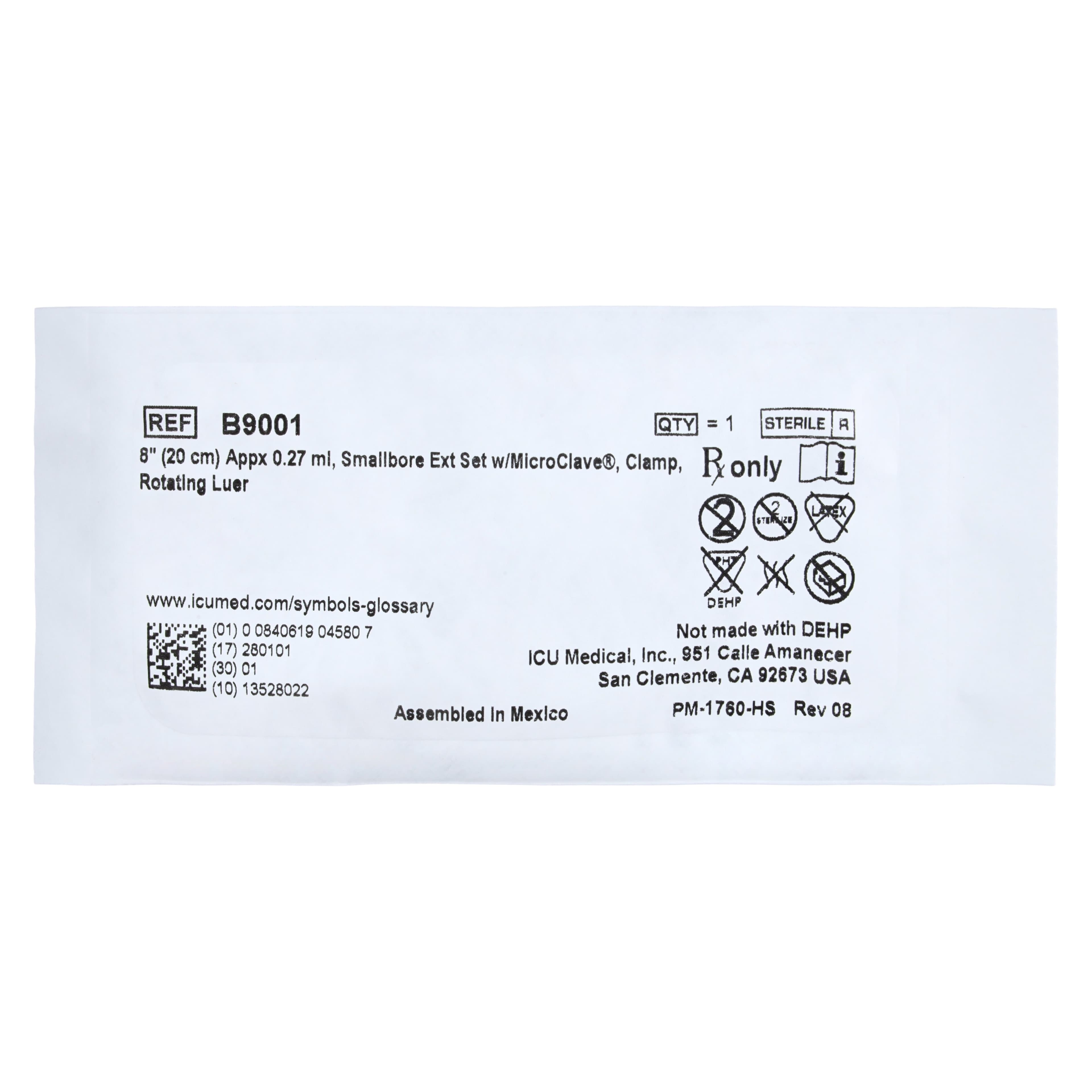 ICU Medical IV Extension Set, 8" Minibore, Clave Port, Clear, Priming Volume 0.32 mL, 50/Box thumbnail 2