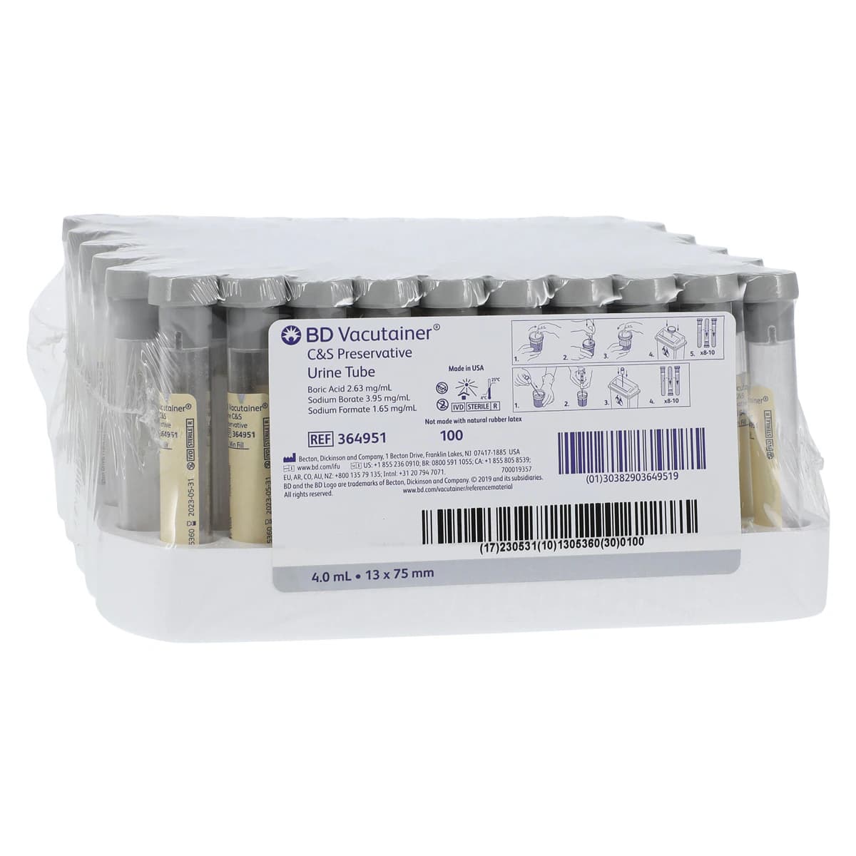 BD Vacutainer Urine Collection Tube, 4mL, Plastic, Sterile, Conventional Closure, Gray, 100/Box - Tube Urine Collector - Image 1