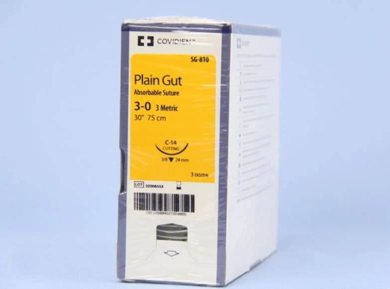 Medtronic Surgigut Plain Gut Absorbable Suture, 3-0, 30", C-14 Reverse Cutting 3/8 Circle Needle 24mm, Undyed, 36/Case - Suture Surgigut 3/0 C-14 - Image 1