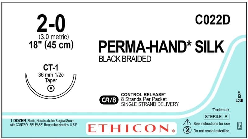 Ethicon PERMA-HAND Silk Suture, Size 2-0, Black Braided, CT-1 Taper Point Needle, 1/2 Circle, 8-18", 1 dz/Bx, C022D - ETHICON PERMA-HAND SILK SUTURES, C022D - Image 1