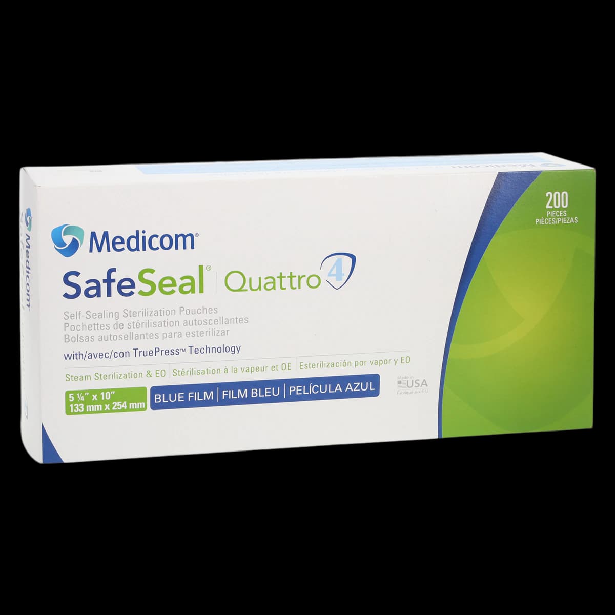 Medicom SafeSeal Quattro Self-Sealing Sterilization Pouches, 5.25" x 10", Blue Film/Paper, 200/Box, 88025-4 - SafeSeal Quattro 5.25”x10” Box of 200 - Image 1