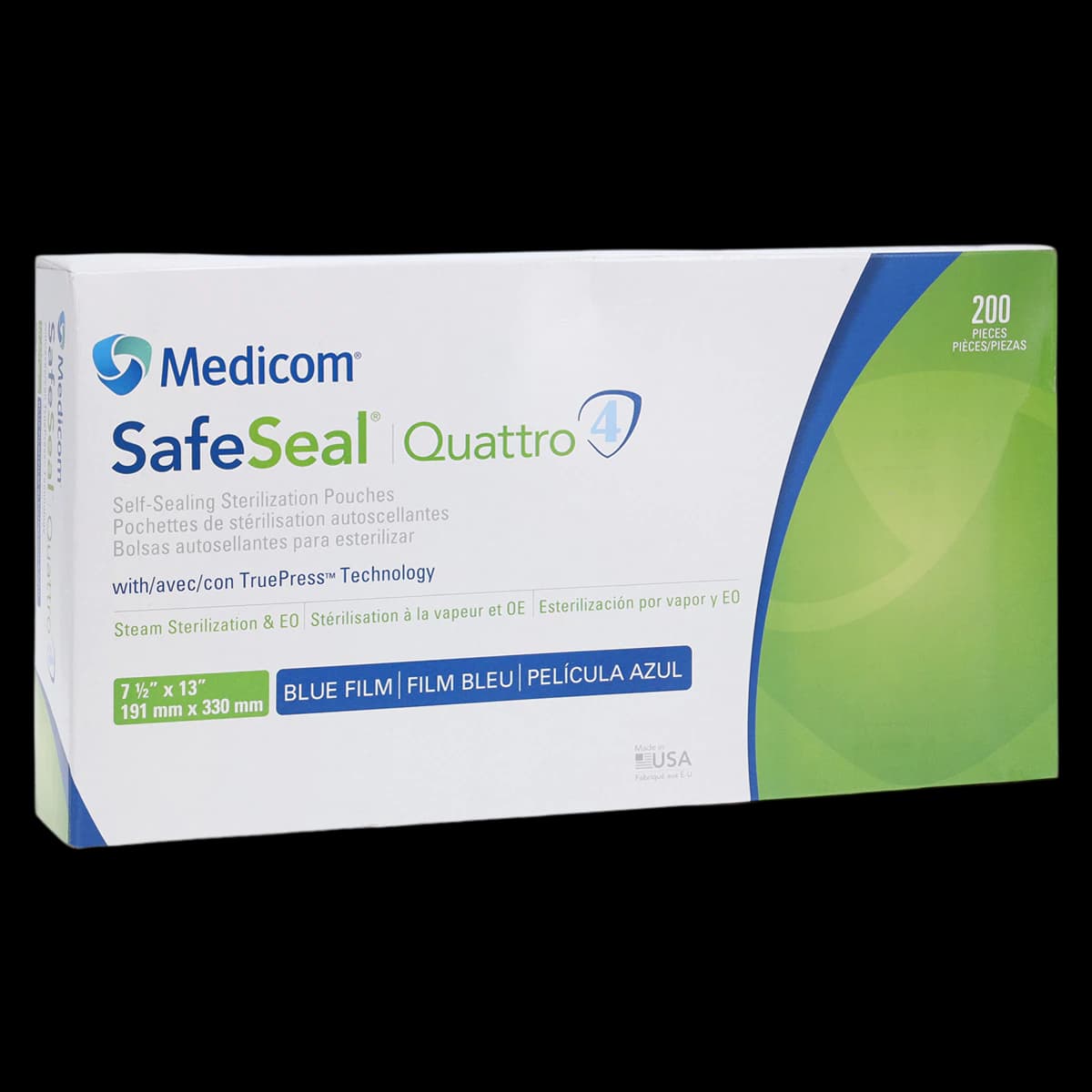 Medicom SafeSeal Quattro Self-Sealing Sterilization Pouches, 7.5" x 13", 200/Box, 88030-4 - SafeSeal Quattro 7.5” x 13” Box of 200 - Image 1