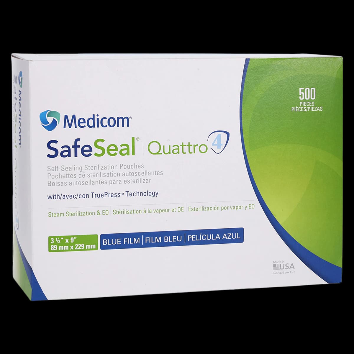 Medicom SafeSeal Quattro Self-Sealing Sterilization Pouches, 3.5" x 9", Blue Film, 500/Box, 88010-4B - SafeSeal Quattro 3.5" x 9" Bulk Box of 500 - Image 1