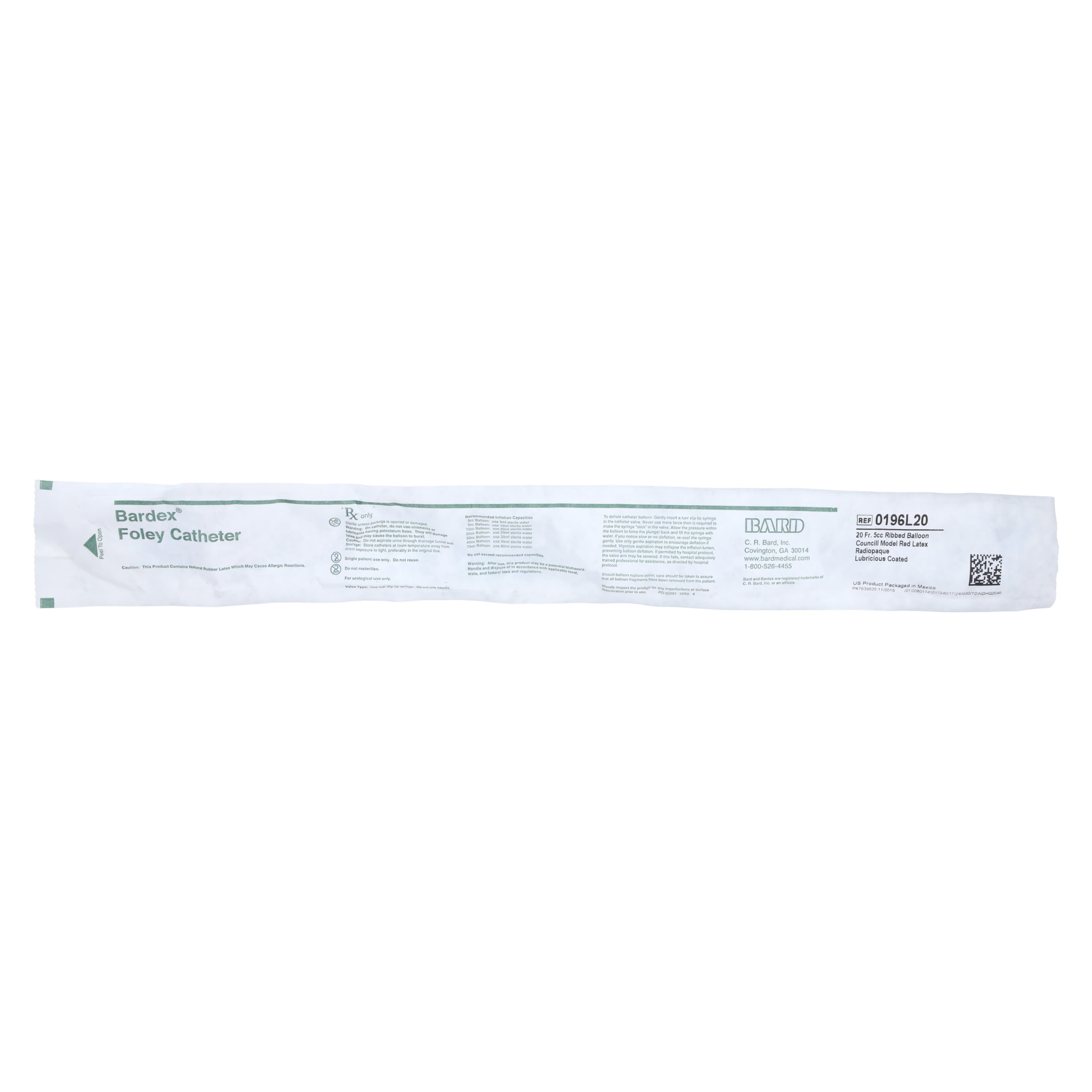 Bard Lubricath 2-Way Foley Catheter, Short Open Tip, Hydrogel Coated, 20Fr, 5cc, 20Fr - Catheter Foley LTX Councl 5cc - Image 1