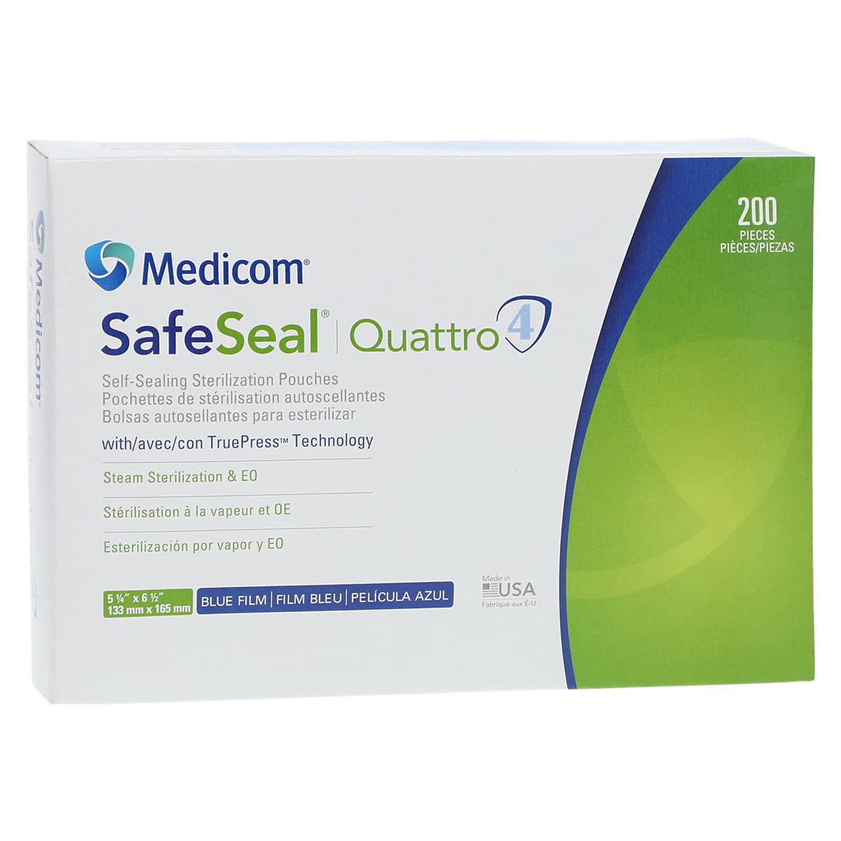 Medicom SafeSeal Quattro Self-Sealing Sterilization Pouches, 5.25" x 6.5", 200/Box, 88020-4 - Safeseal Quattro 5.25x6.5 Box of 200 - Image 1