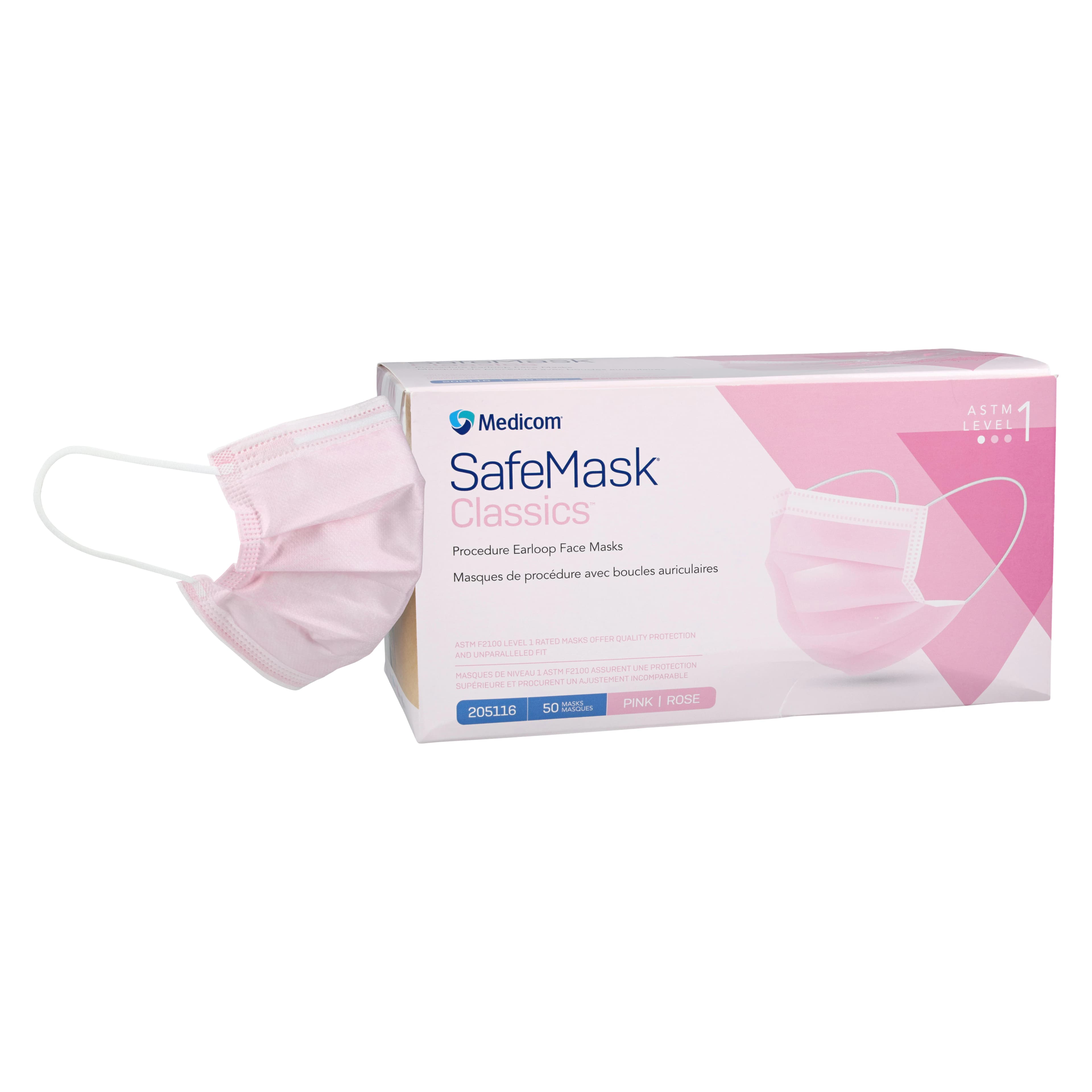SafeMask® Classics™ Procedure Face Mask, ASTM Level 1, Earloop, Pleated, Fluid-Resistant, Pink, 50/Box, 205116 thumbnail 2